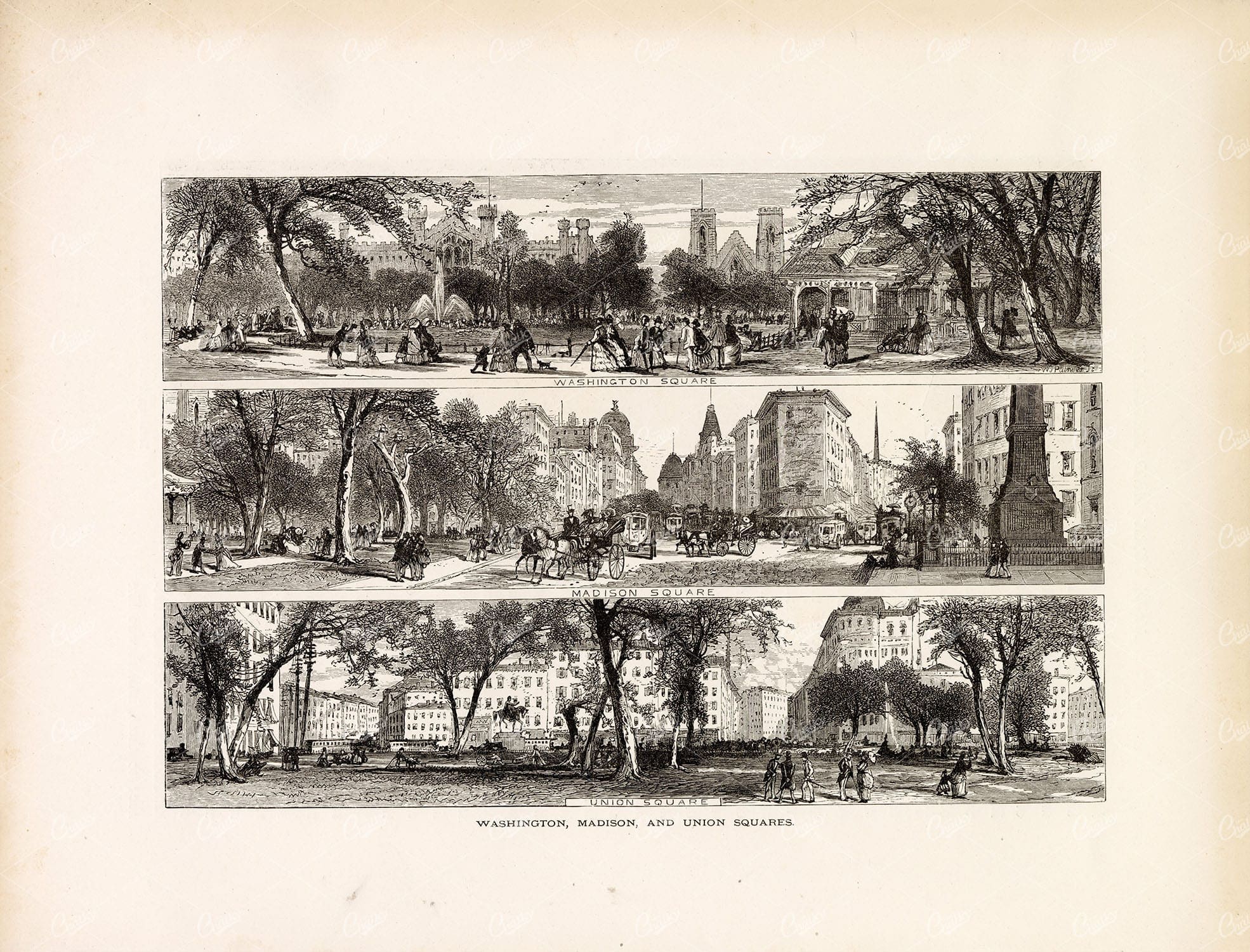 WASHINGTON, Madison, and Union Squares - Original Antique Print 1874