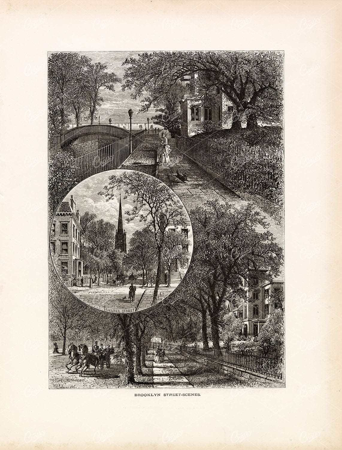 NEW YORK - Brooklyn, Street-Scenes - Original Antique 1874 Printed Art