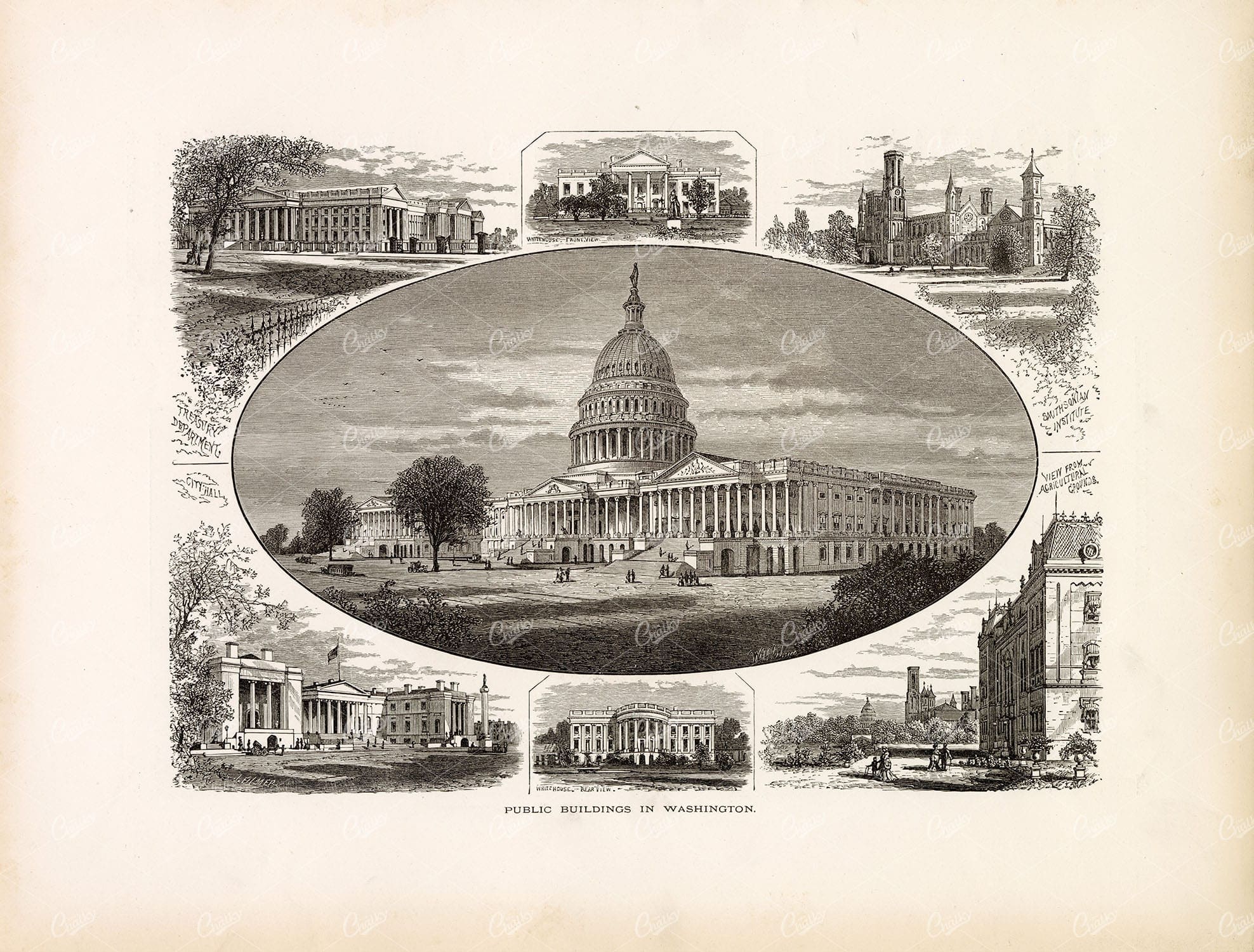PUBLIC BUILDINGS in Washington, USA. Original Antique 1874 Print