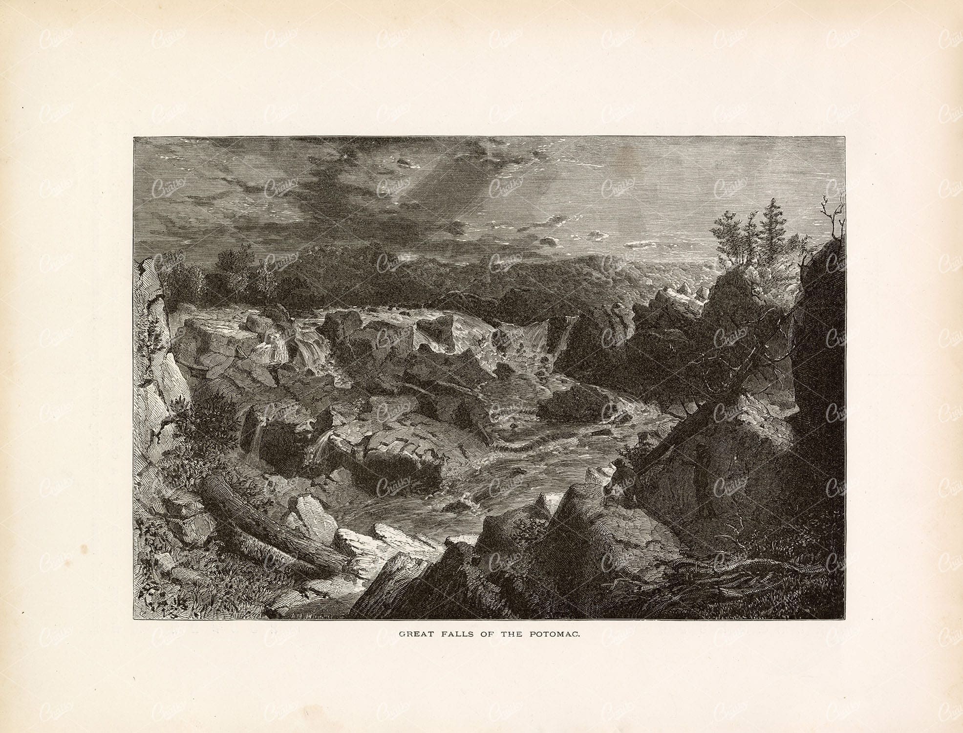 WATERFALLS Potomac River - Maryland and Virginia Border - 1874 Print