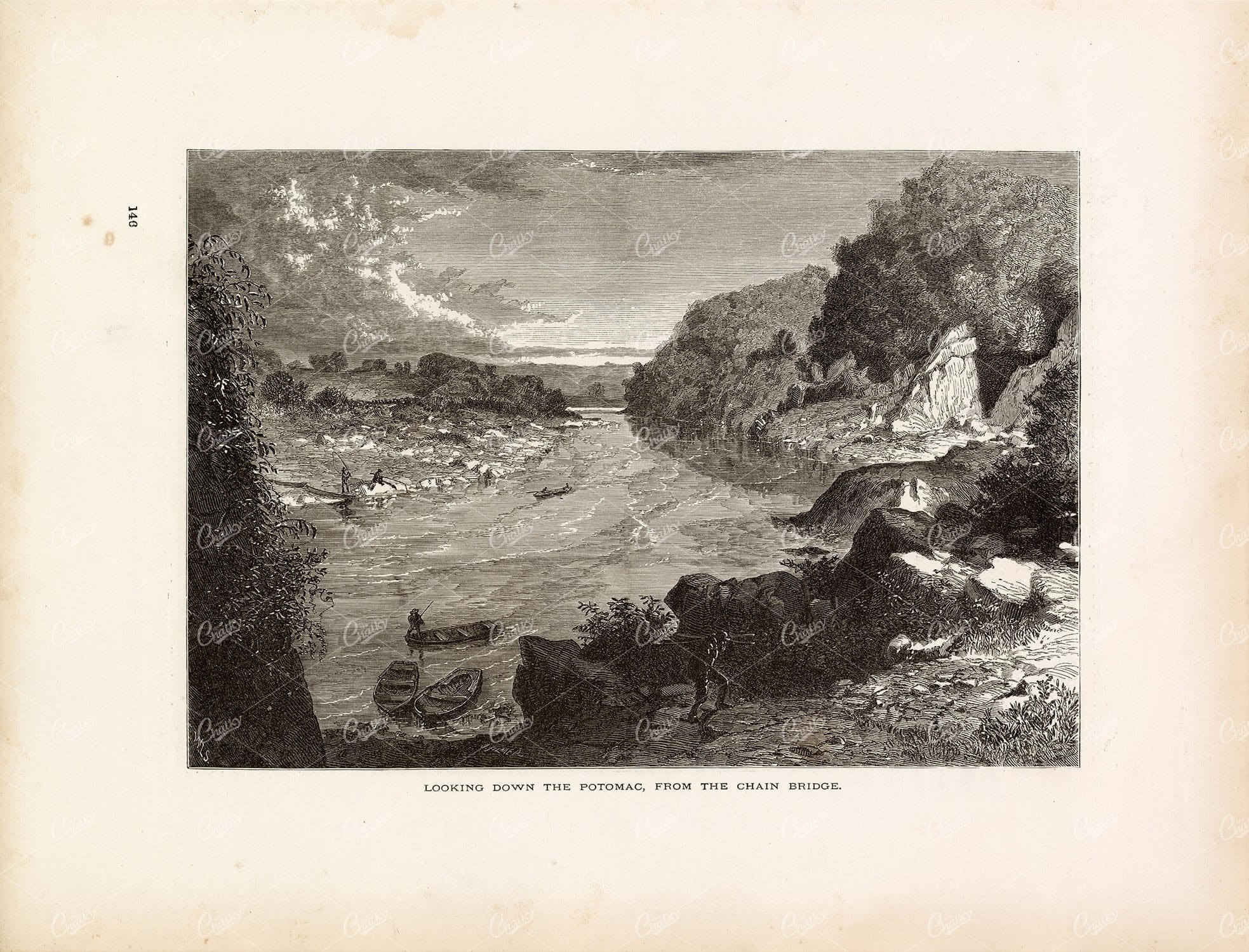 POTOMAC River - View from Chain Bridge - 1874 American Illustration Print