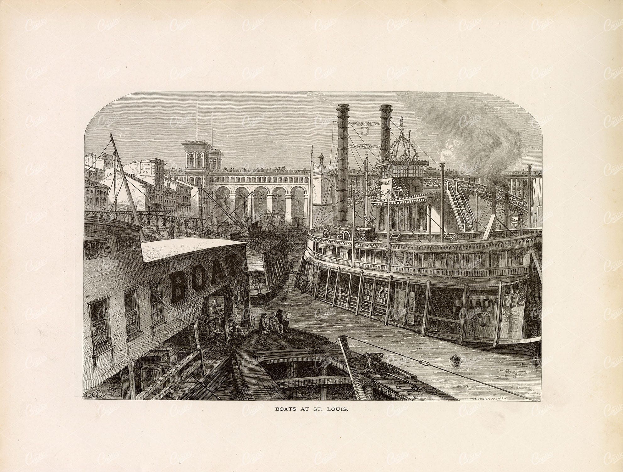 PADDLE STEAM BOATS on the Mississippi River, St. Louis - 1874 Print