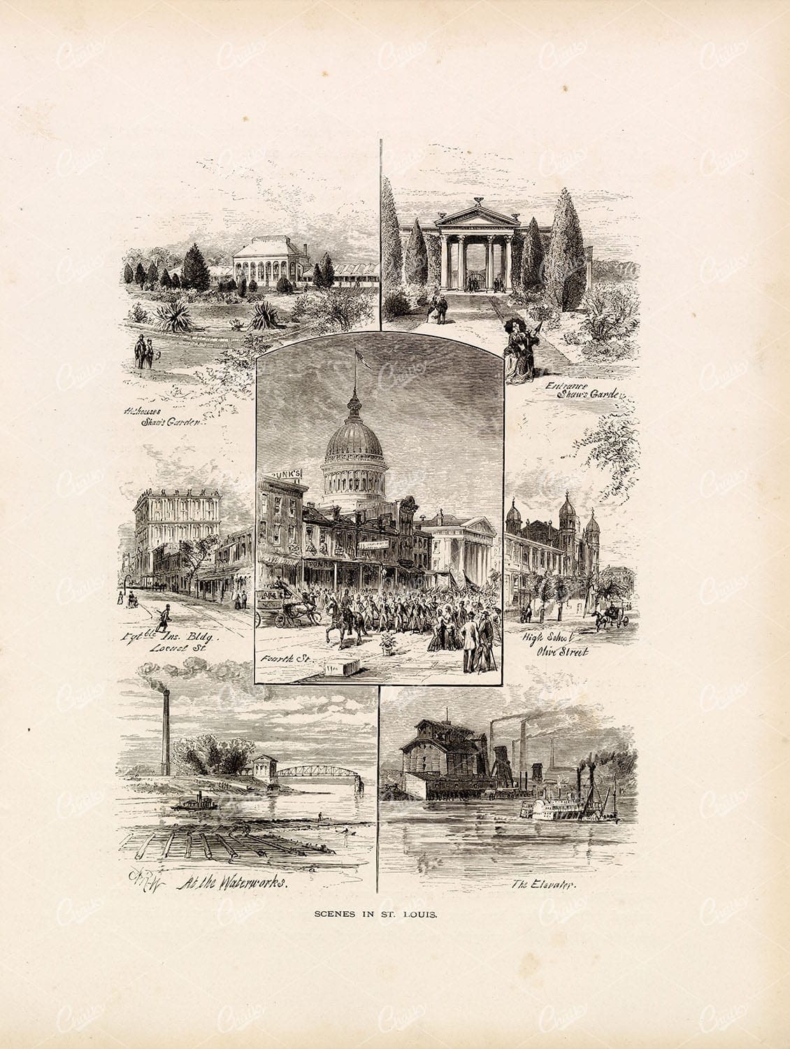 ST. LOUIS Scenes - Missouri, USA - Original Antique Print 1874