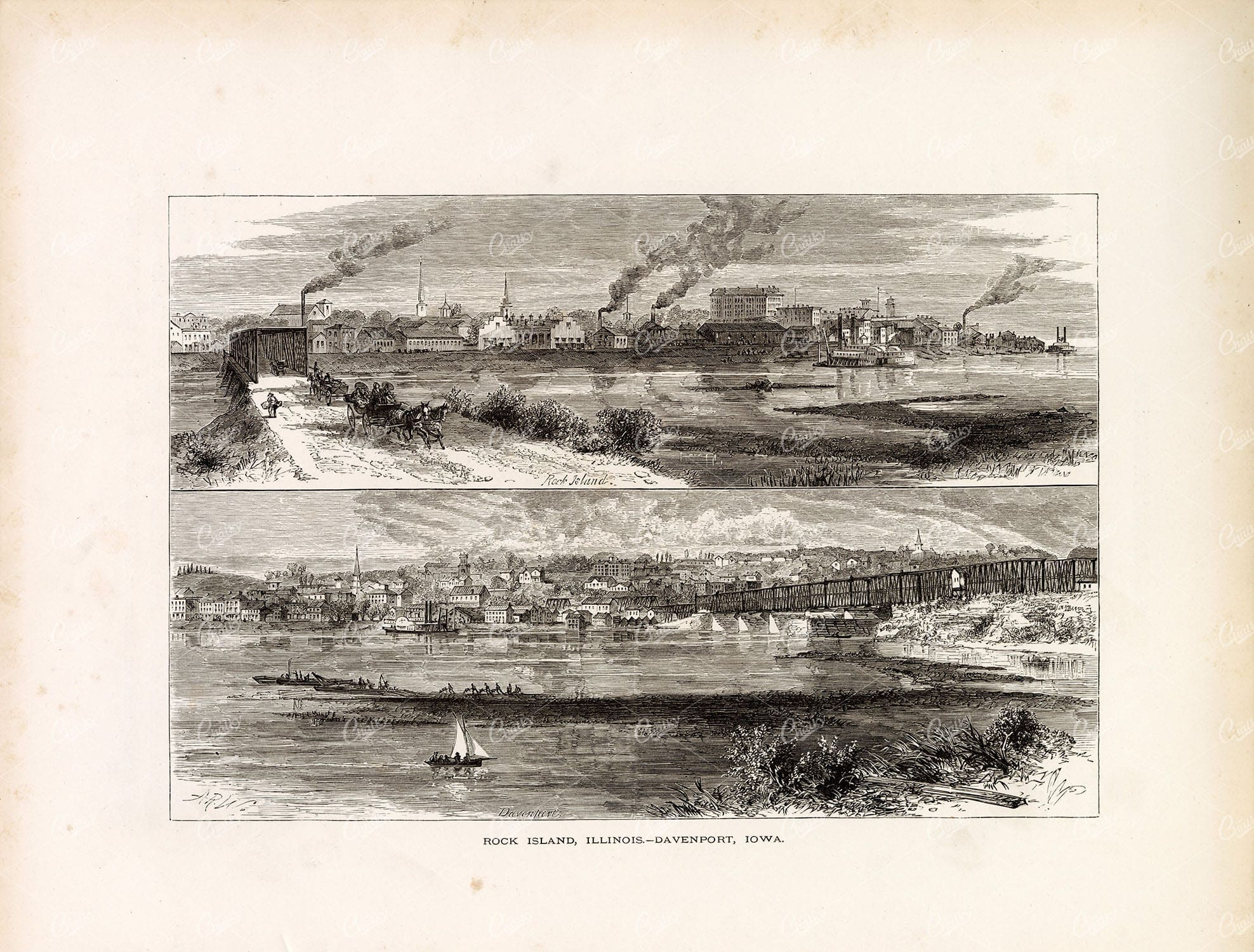 ROCK ISLAND - Illinois, Davenport - IOWA, Picturesque America 1874