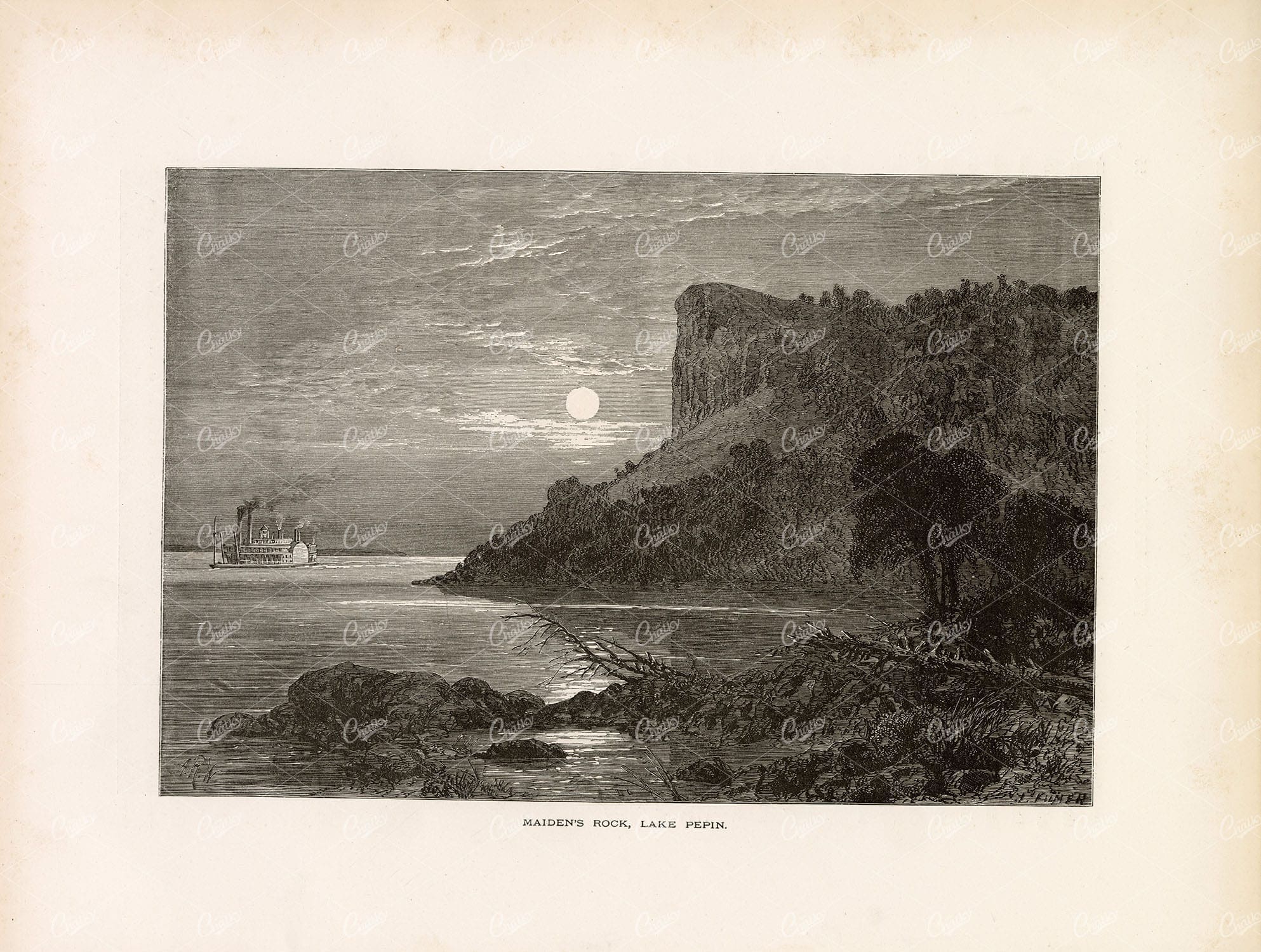 MAIDEN'S ROCK - Lake Pepin - Wisconsin USA - Original Antique Print