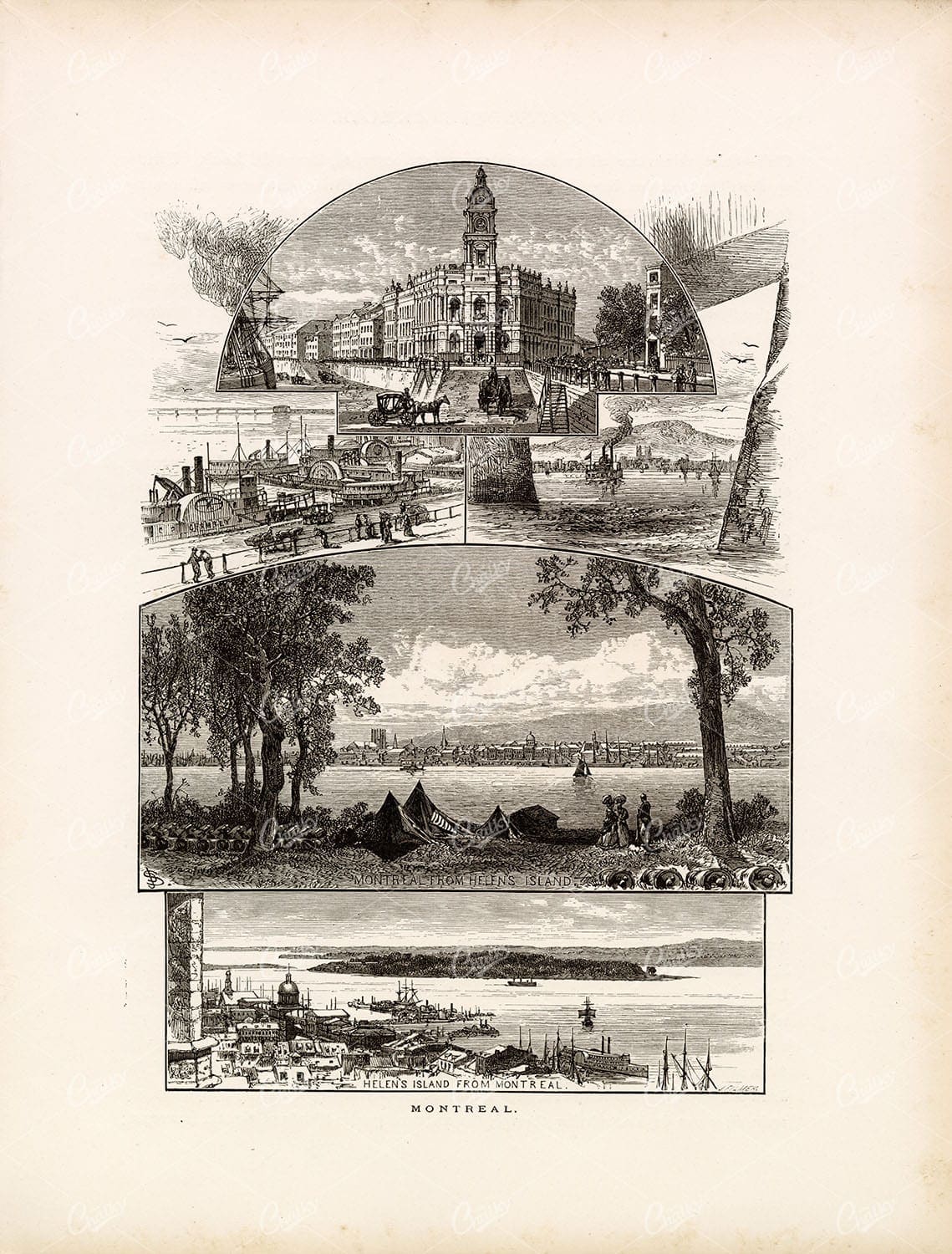 MONTREAL Quebec - Helen's Island, Custom House, Paddle Steamers 1874