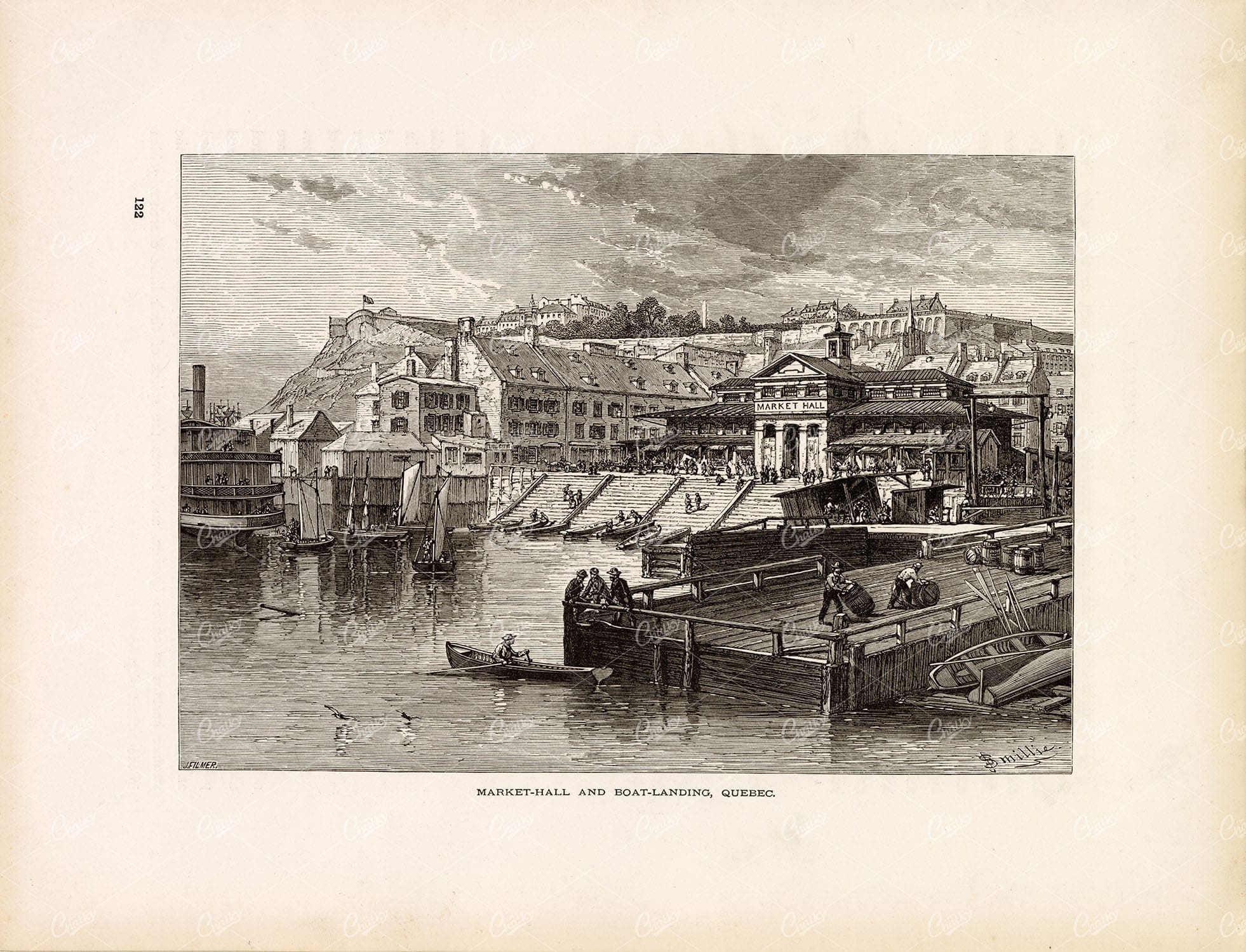 QUEBEC, Canada - Market Hall and Boat Landing - 1874 Original Print