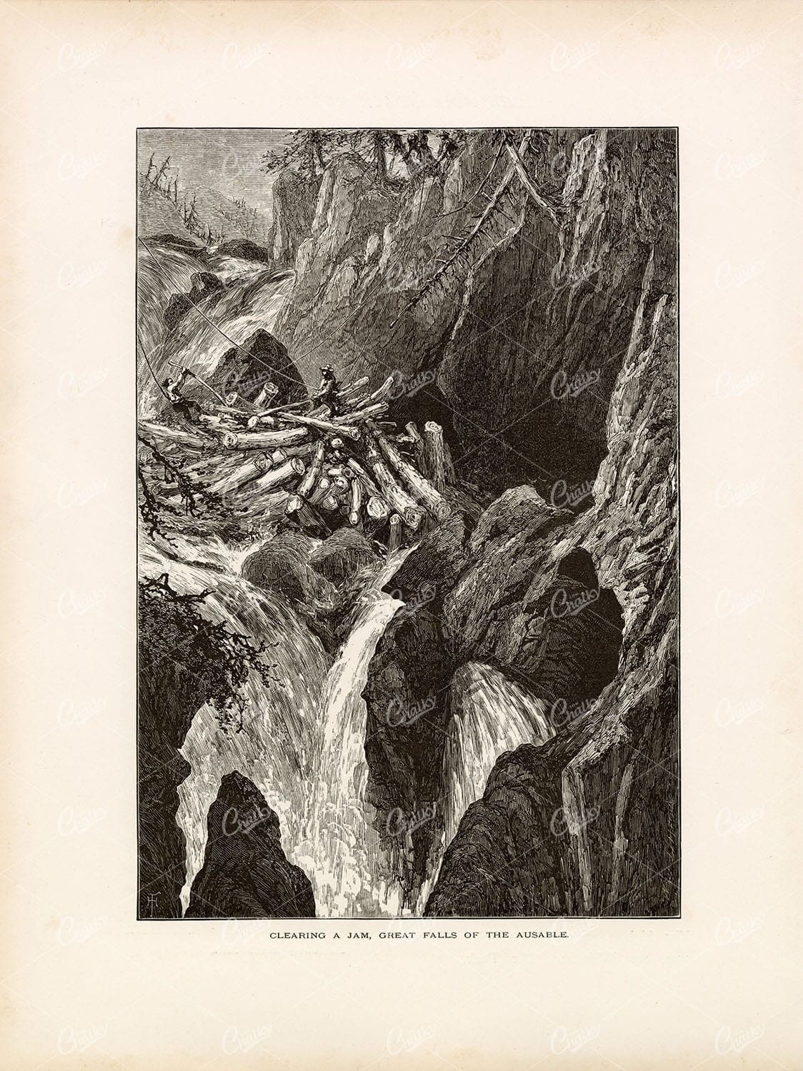 GREAT FALLS of the Ausable River - Clearing a Jam - Antique Original 1874