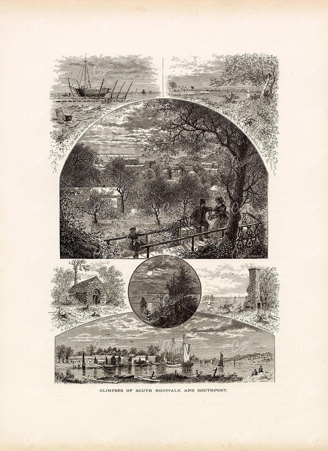 SOUTH NORWALK and Southport - American Antique Original Artwork 1874