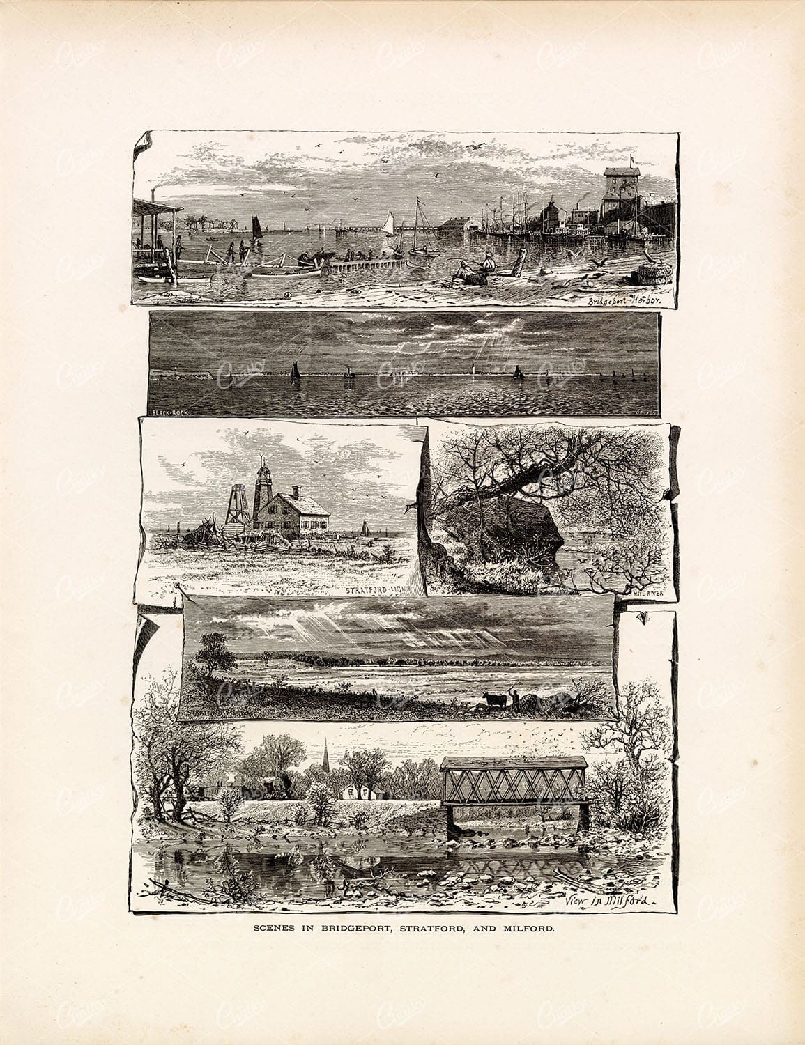 BRIDGEPORT, Stratford, and Milford Connecticut - Antique Print 1874