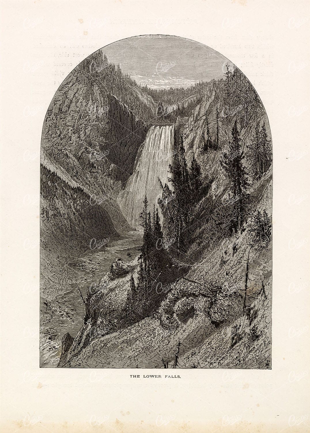 YELLOWSTONE National Park - The Lower Falls - Wyoming - 1874 Antique Print