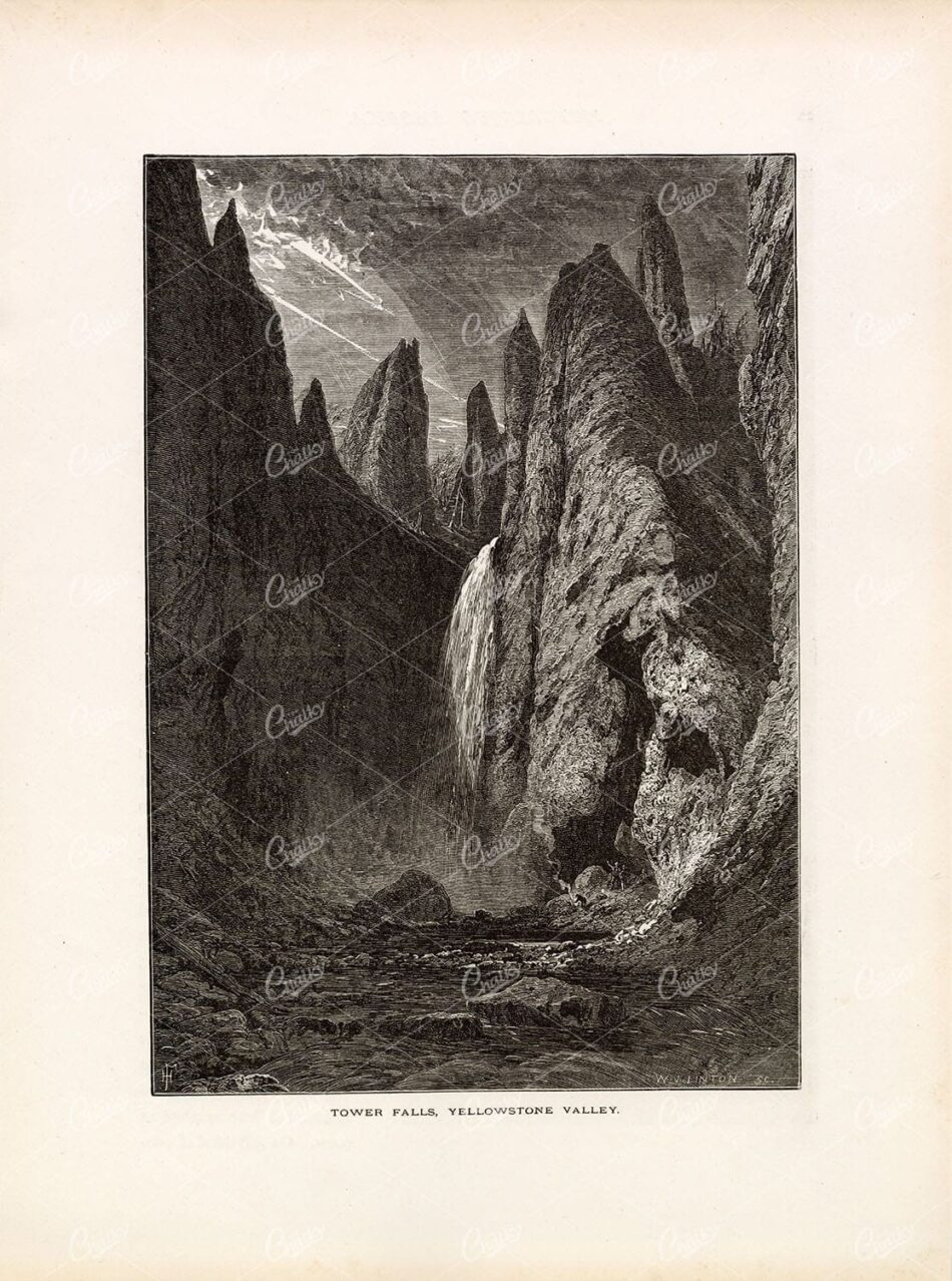 YELLOWSTONE Valley, Tower Falls - 1874 Original Antique Print