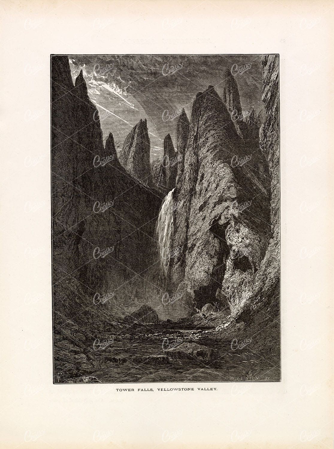 YELLOWSTONE Valley, Tower Falls - 1874 Original Antique Print