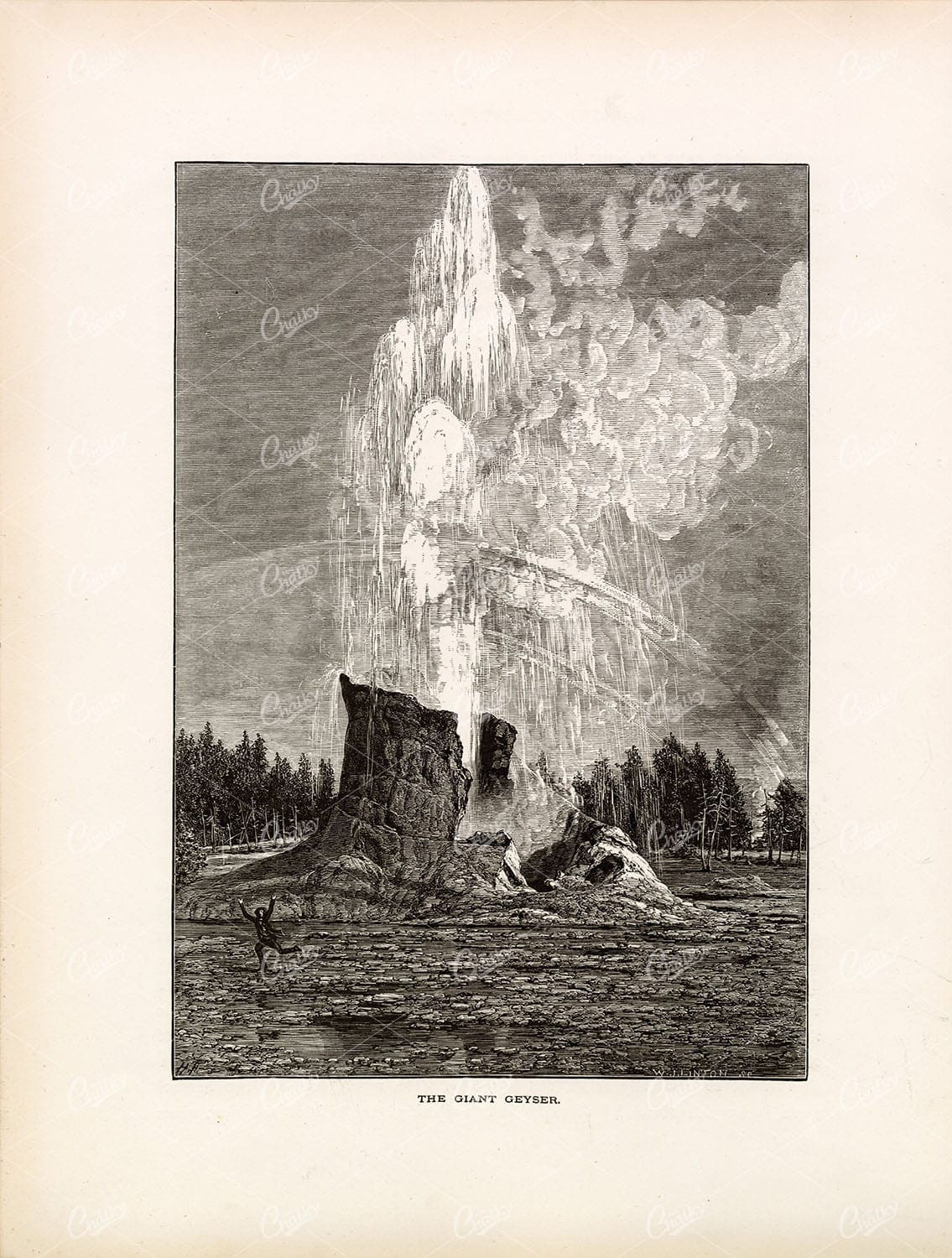 YELLOWSTONE National Park - The Giant Geyser - Antique 1874 Engraving