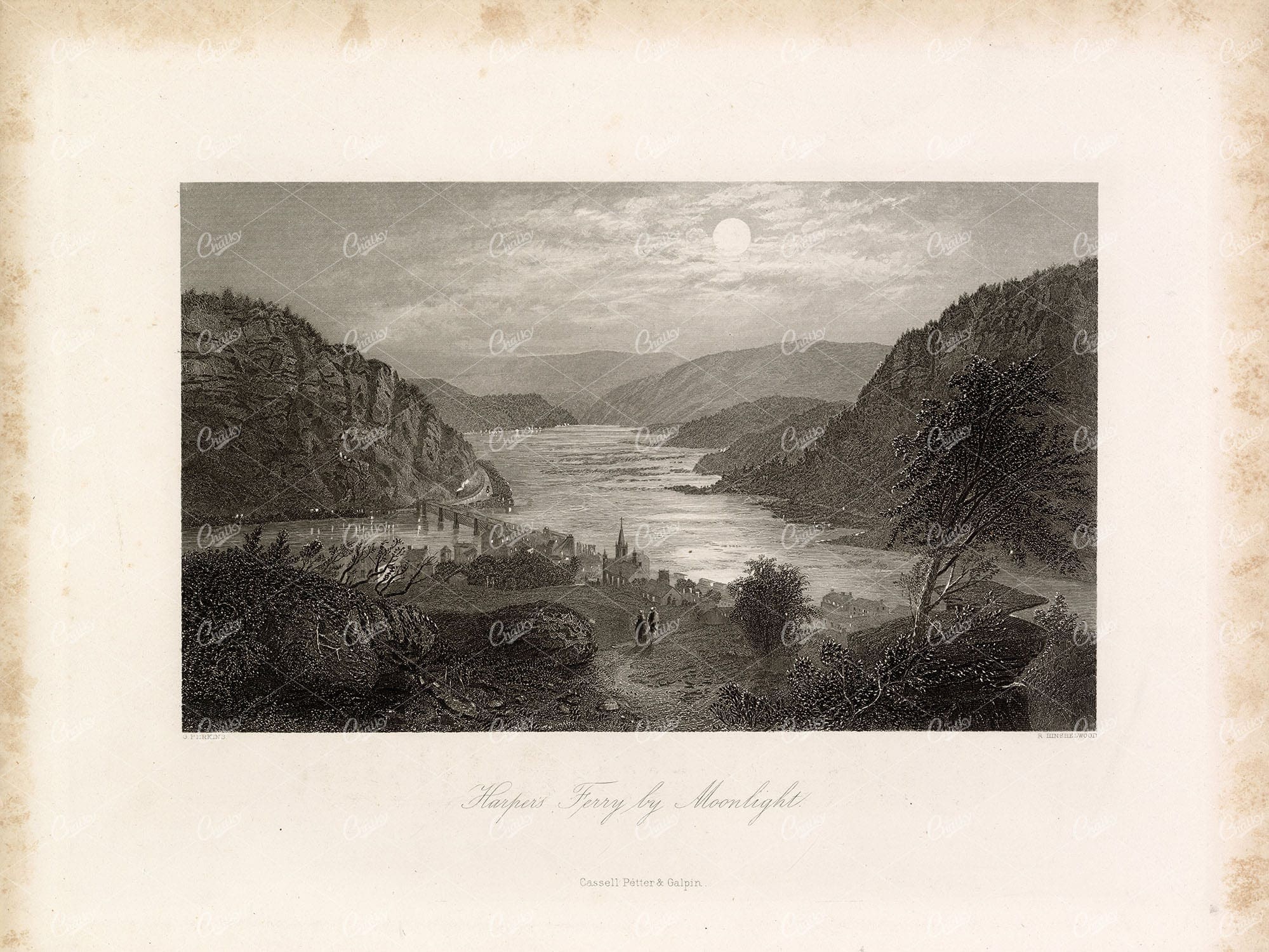 WEST VIRGINIA - Harper's Ferry by Moonlight - Picturesque Antique Art