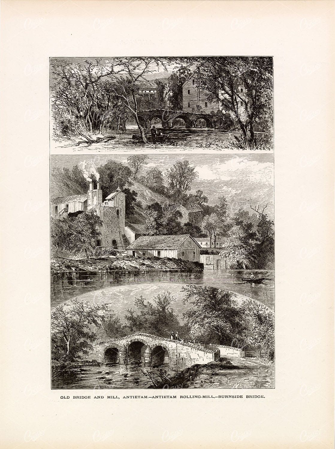 ANTIETAM Creek - Rolling Mills and Bridges - American Antique Print 1874