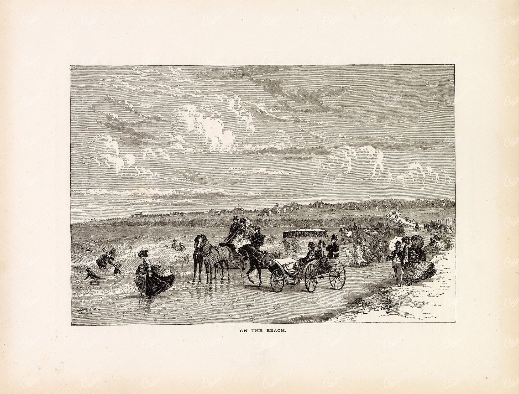 NEWPORT, New Island - At the Beach - Antique Wood Engraving 1874