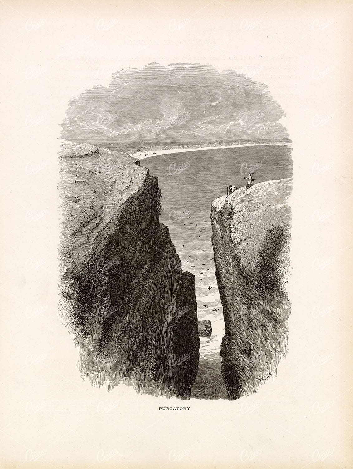PURGATORY 1874 - Cliffs on the ATLANTIC COAST of Rhode Island, Old Print