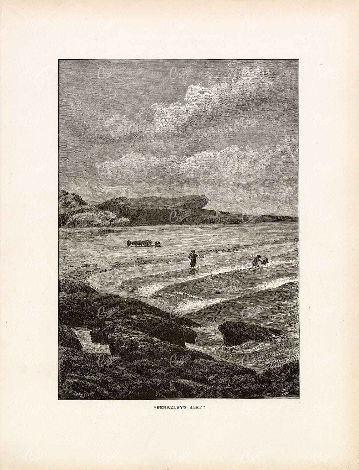 RHODE ISLAND - Atlantic Ocean - People Bathing 1874 Antique Original Print