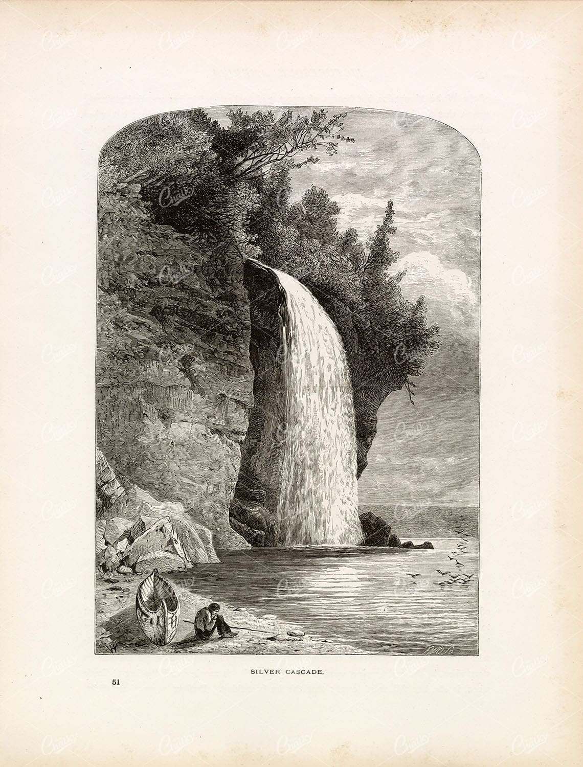 SILVER CASCADE, 1874. Lake Superior Waterfall, Minnesota - Old Print