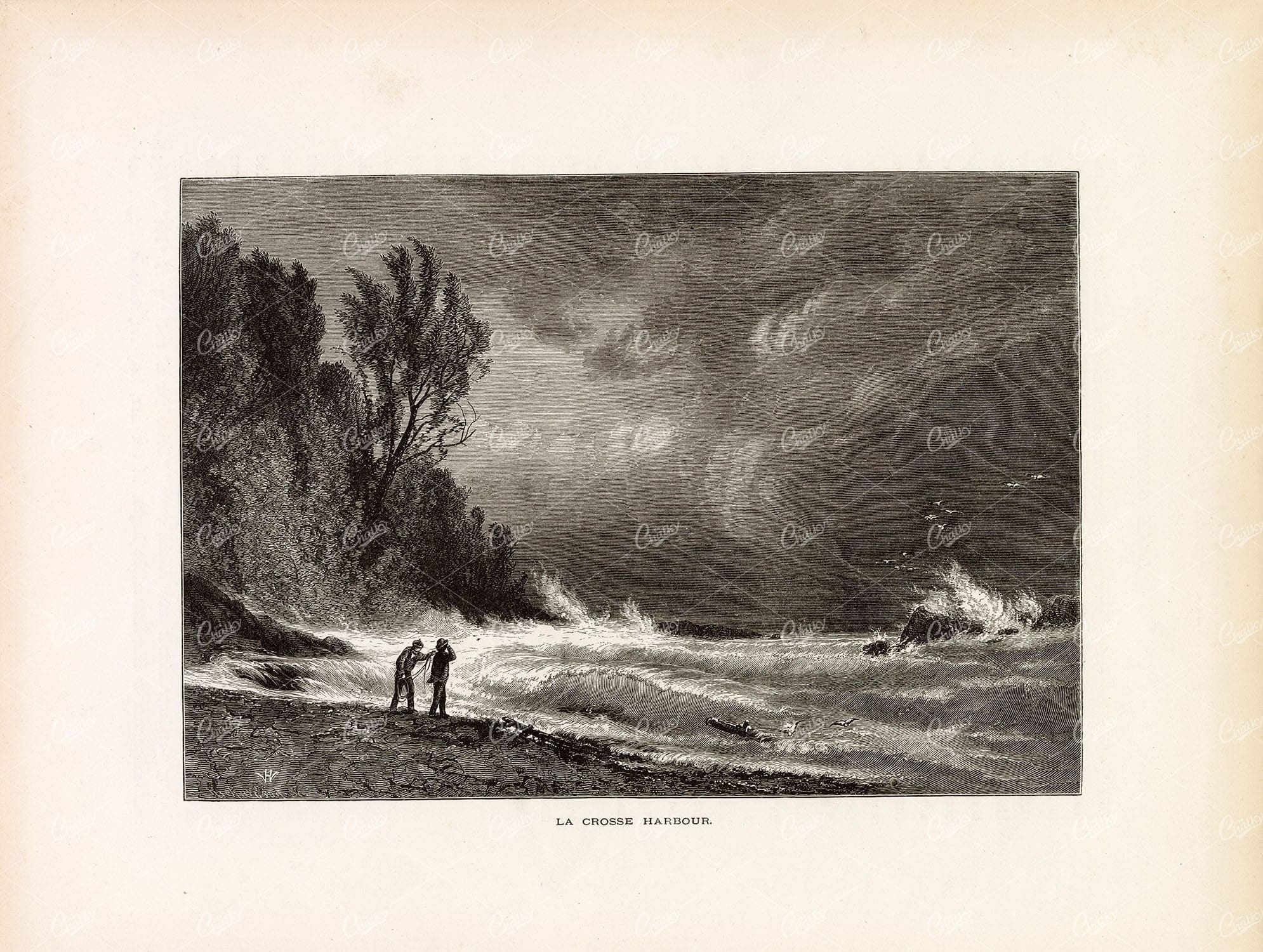 LAKE SUPERIOR - Stormy Weather at La Crosse Harbour - 1874 Antique Print