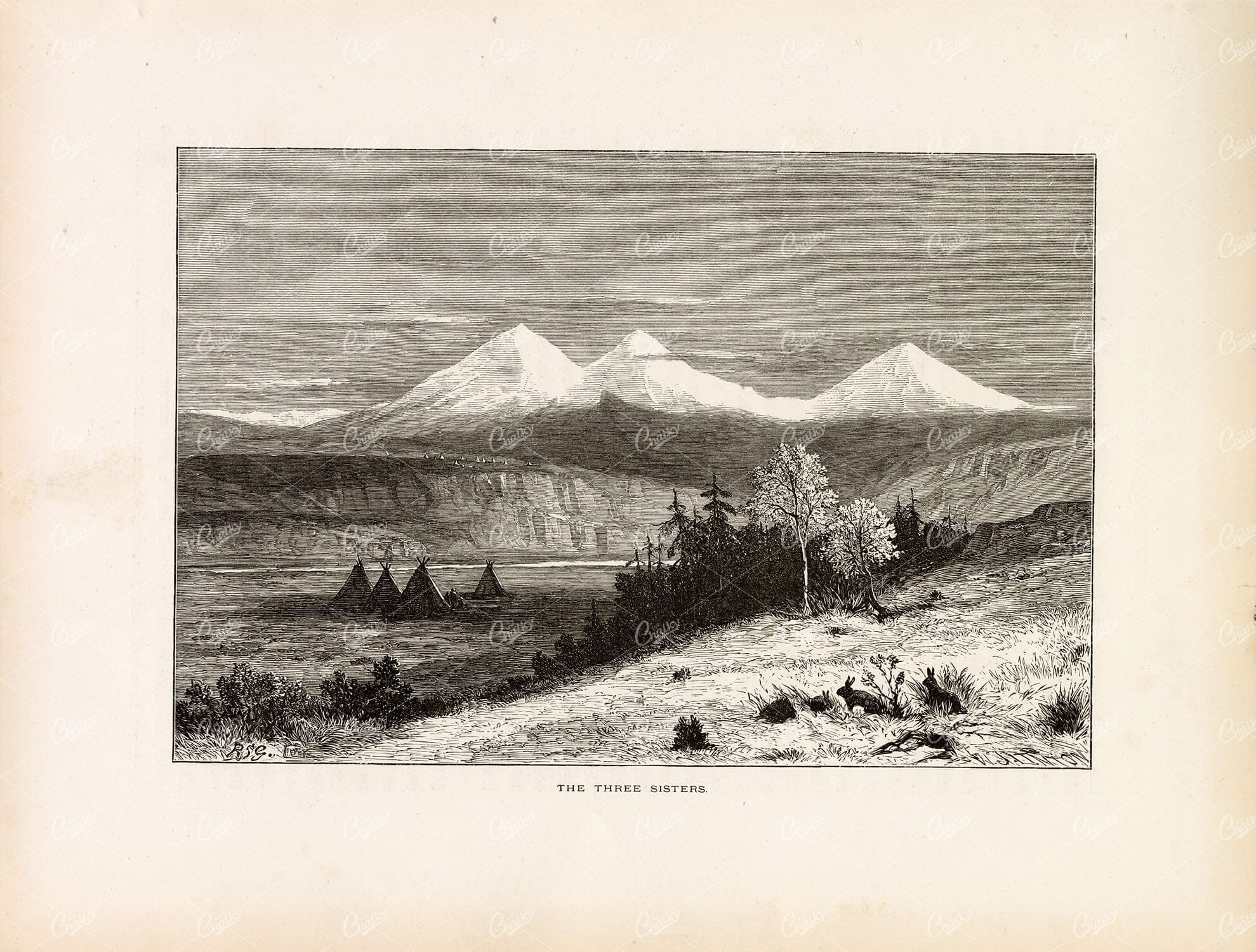 THE THREE SISTERS - Volcanic Peaks in Oregon US - Old 1874 Original Art