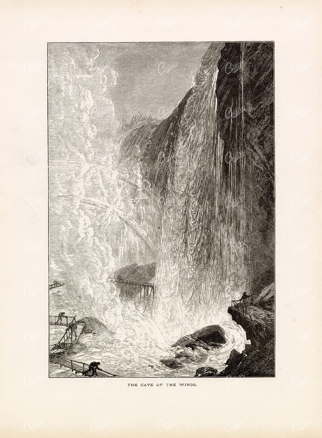 NIAGARA FALLS - The Cave of the Winds 1874. Tourists at the base, USA