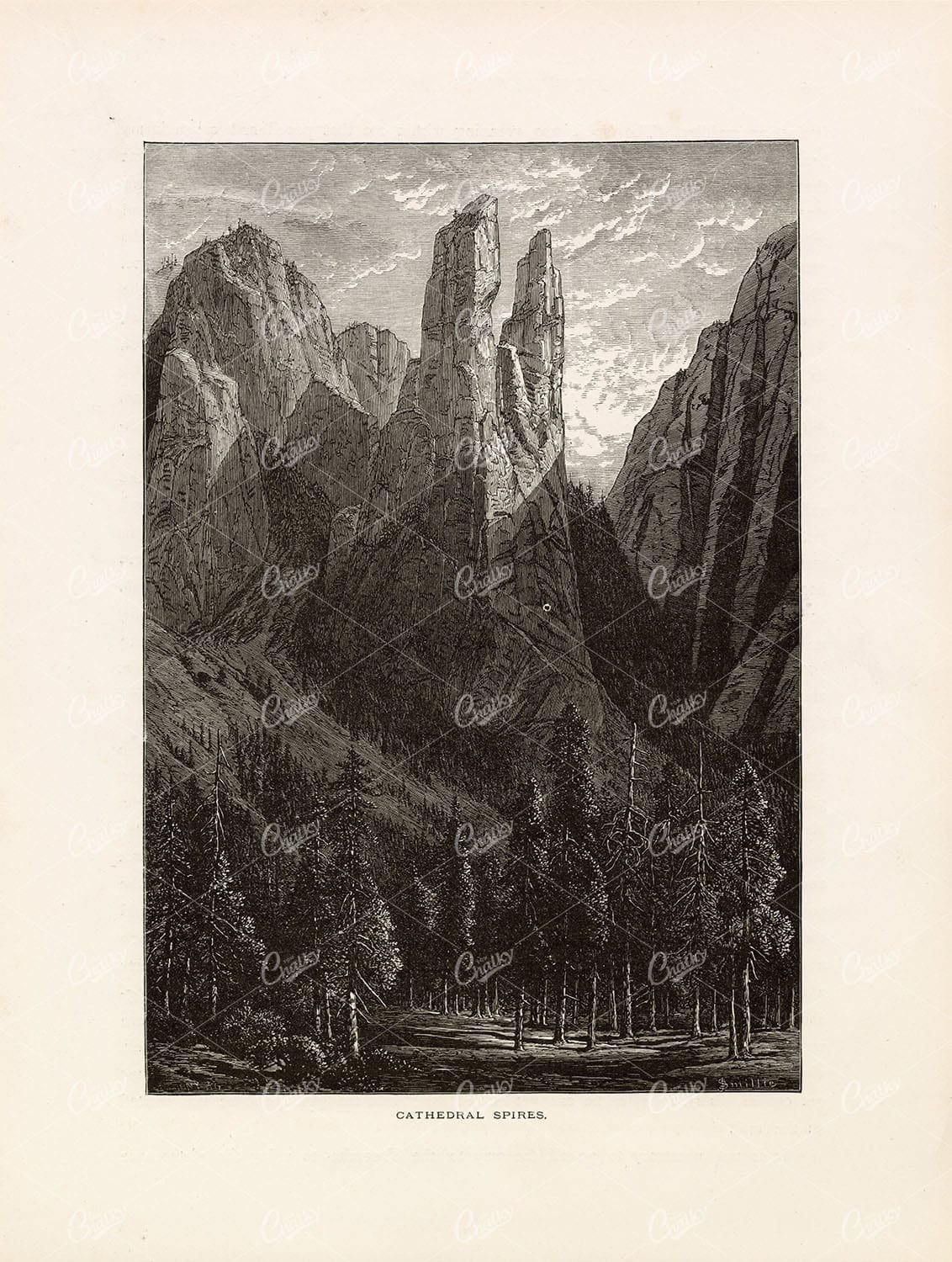 YOSEMITE National Park - Rock Formation - Cathedral Spires - 1874 Print