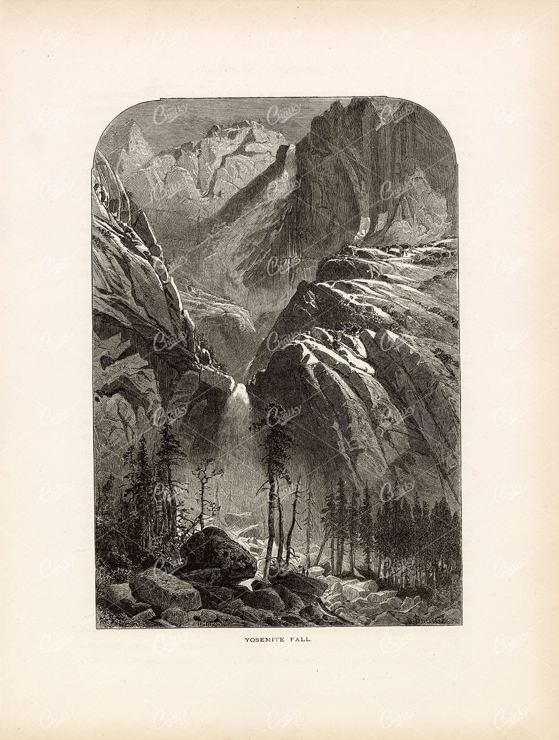YOSEMITE Falls - National Park - 1874 Original Antique Wood Engraving