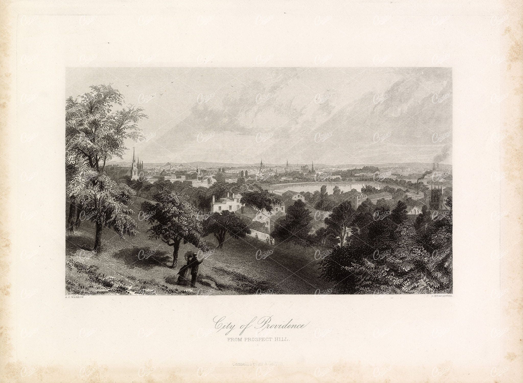 CITY OF PROVIDENCE, America - From Prospect Hill - Antique Engraving 1874