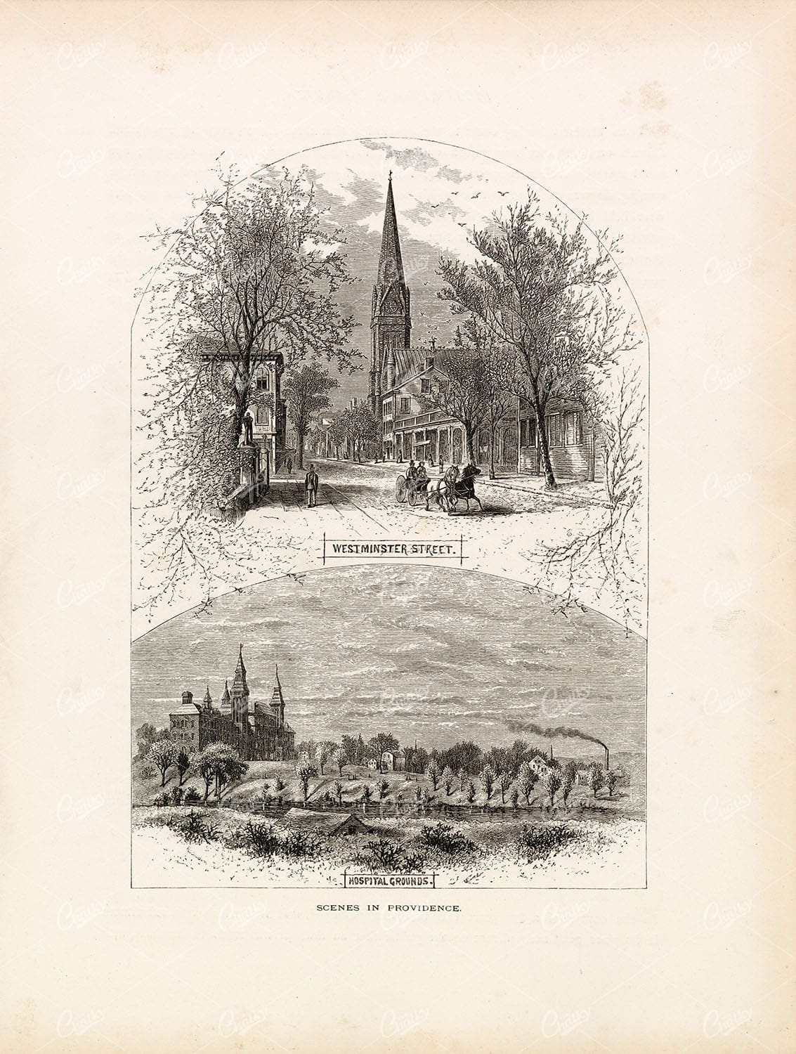 CITY OF PROVIDENCE - Westminster Street, Hospital Grounds - 1874 Print