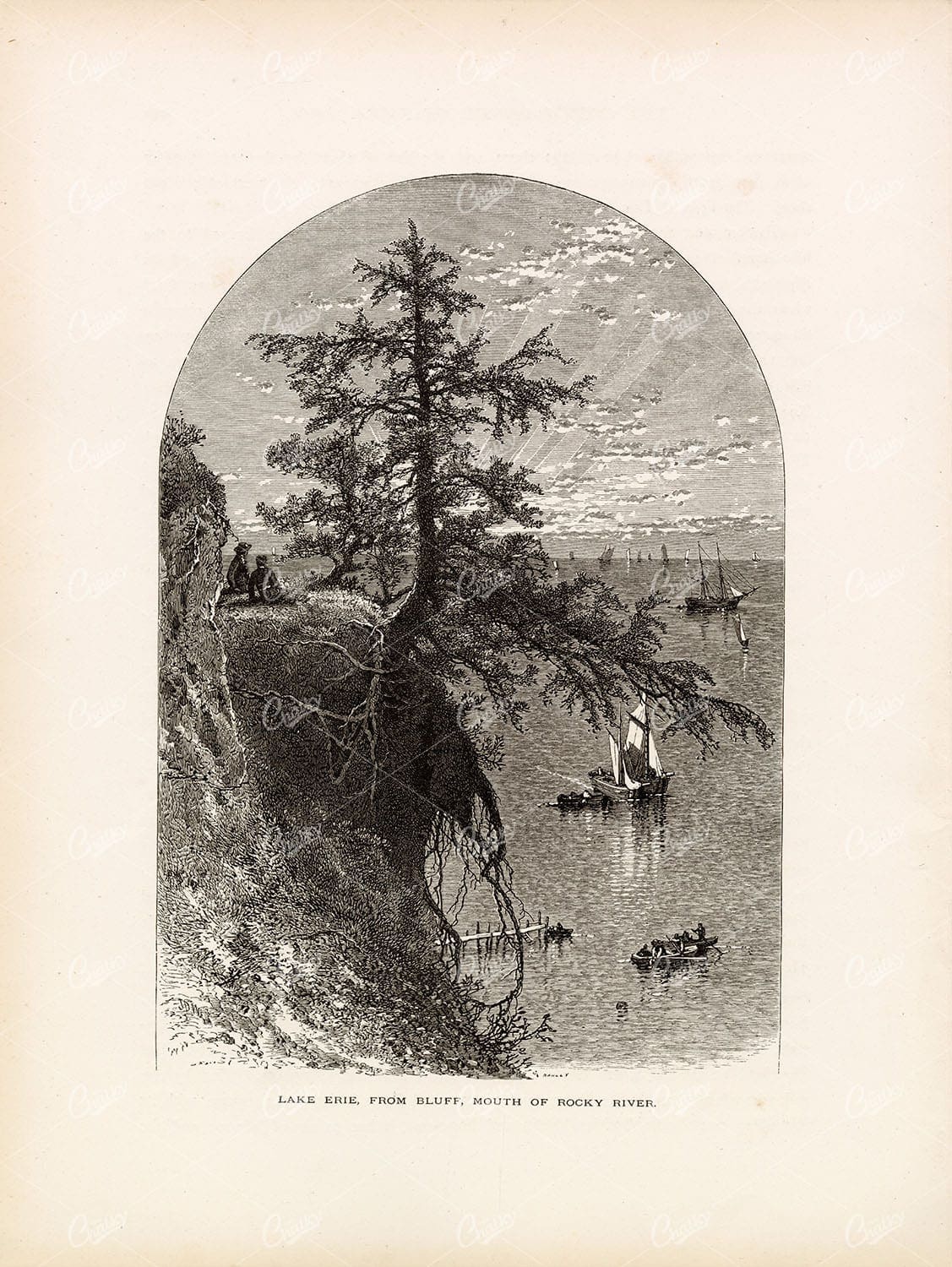 LAKE ERIE from Bluff, Mouth of Rocky River - Boats, Tree - 1874 Print