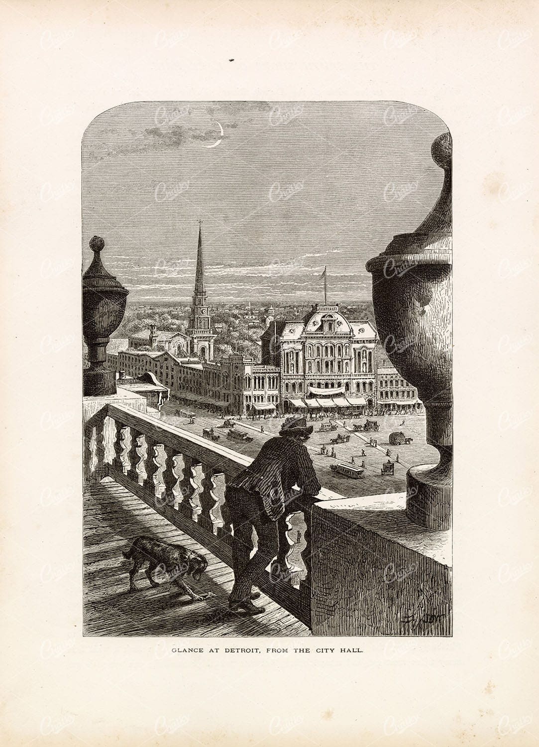 VIEW OF DETROIT - From City Hall - Man and his Dog - Antique 1874 Print
