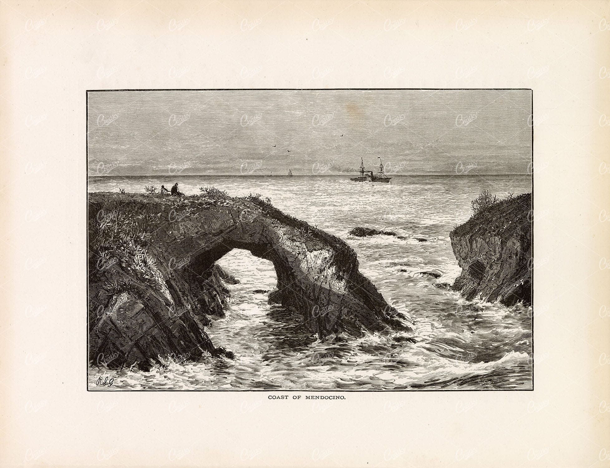 MENDOCINO Coast - Rock Arch, Pacific Ocean, California - Old Print