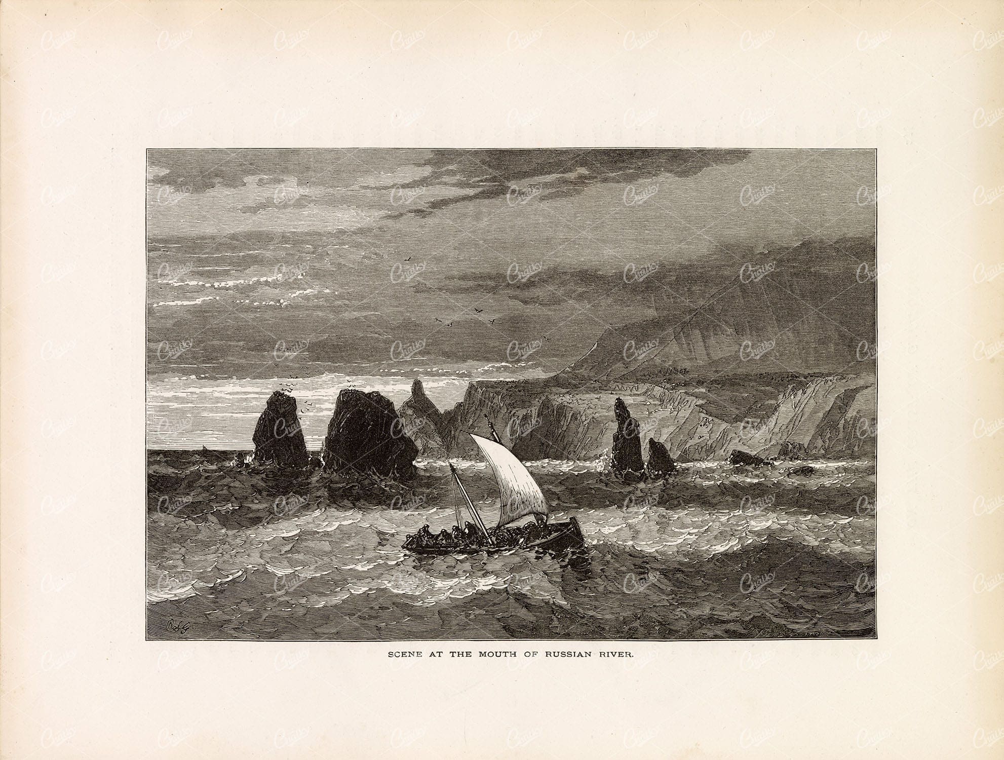 PACIFIC OCEAN, CAL. Mouth of Russian River - Boat of Fisherman 1874 Print