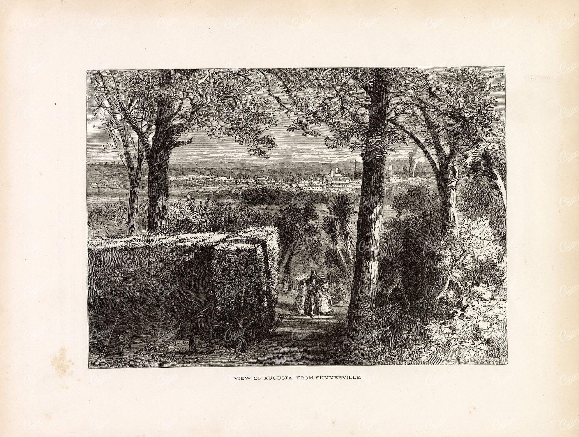 VIEW OF AUGUSTA, Georgia, USA - People Walking in Garden - 1874 Print