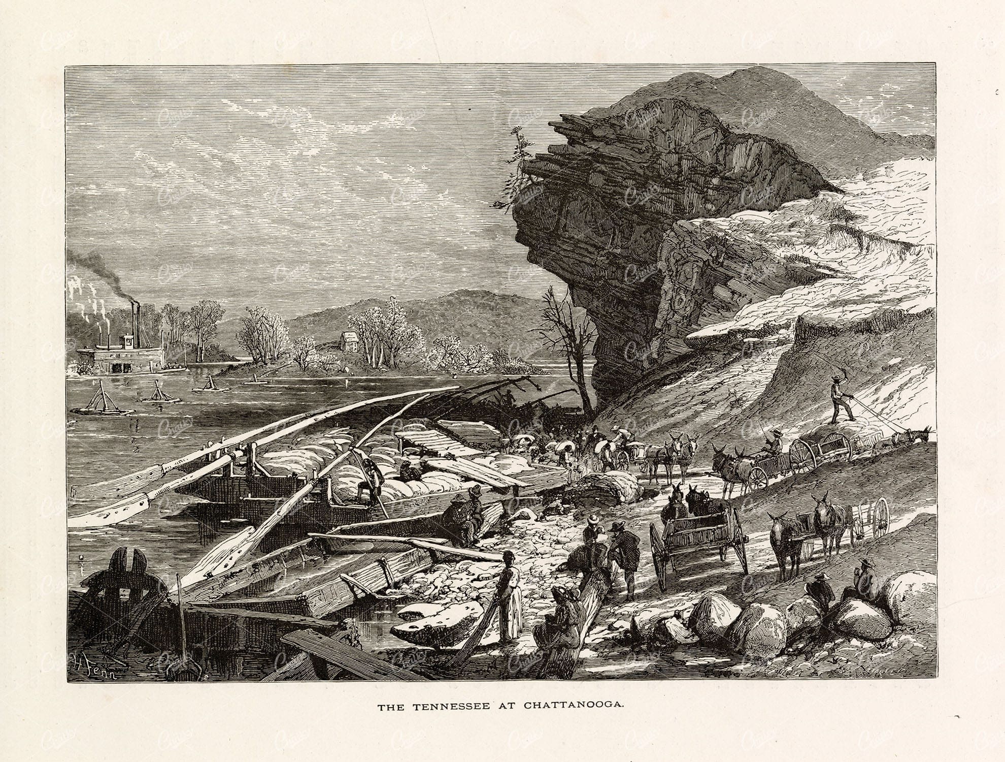 TENNESSEE River at Chattanooga - Original Old 1874 Print