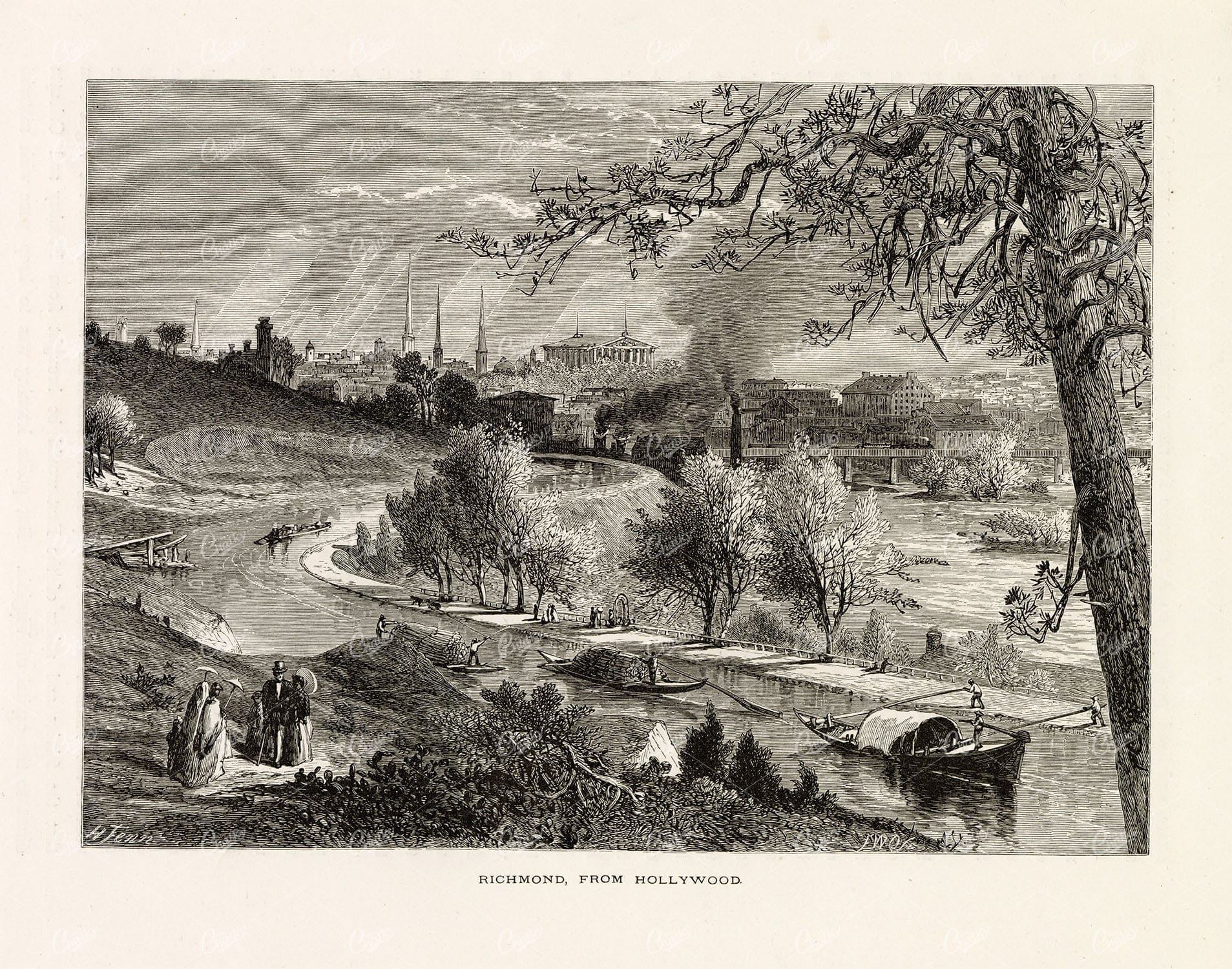 VIEW OF RICHMOND from Hollywood - Canal Boats - 1874 Antique Print