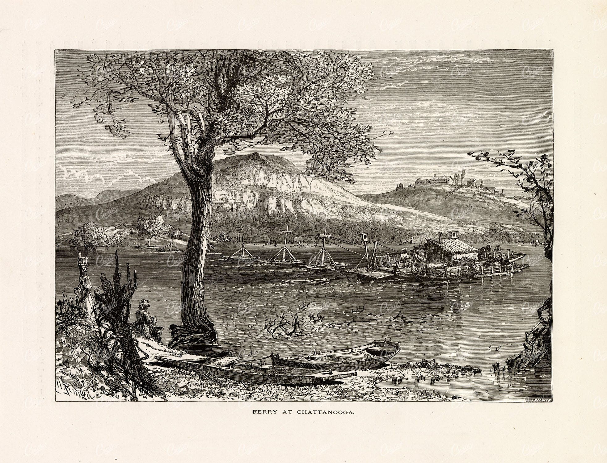 FERRY at Chattanooga River - 1874 Original Antique Wood Engraving Print