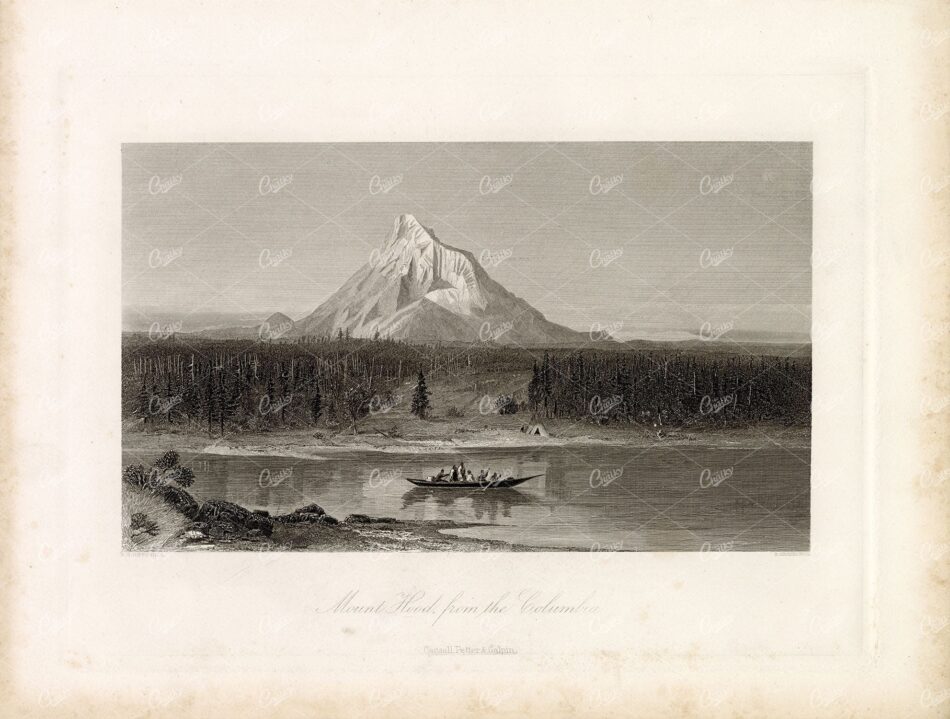 MOUNT HOOD From the Columbia River - Natives in Foreground - 1874 Print