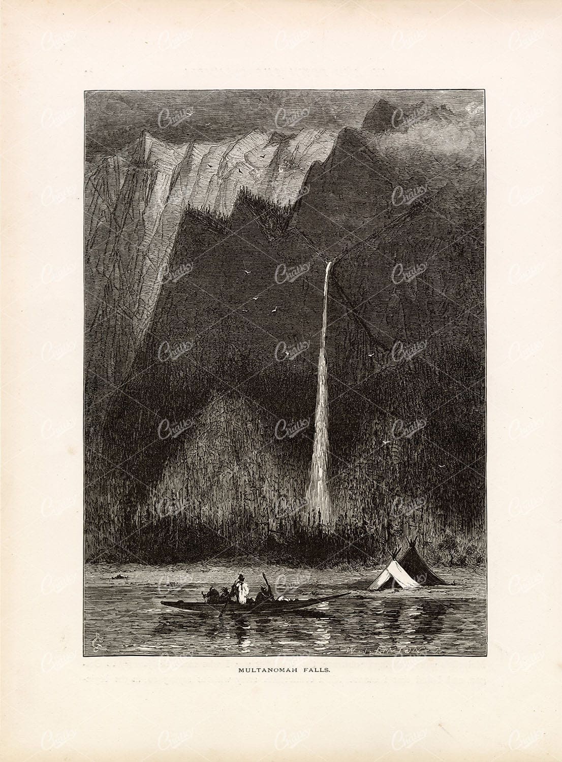 MULTANOMAH FALLS on the Columbia River Gorge, Oregon - Antique 1874 Print