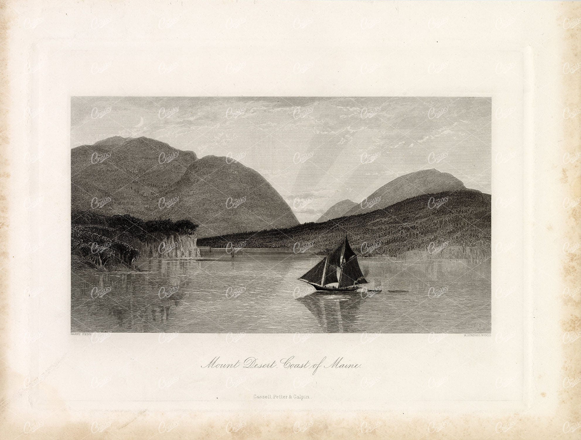MOUNT DESERT - Coast of Maine - Sailboat, Mountain View - 1874 Old Print