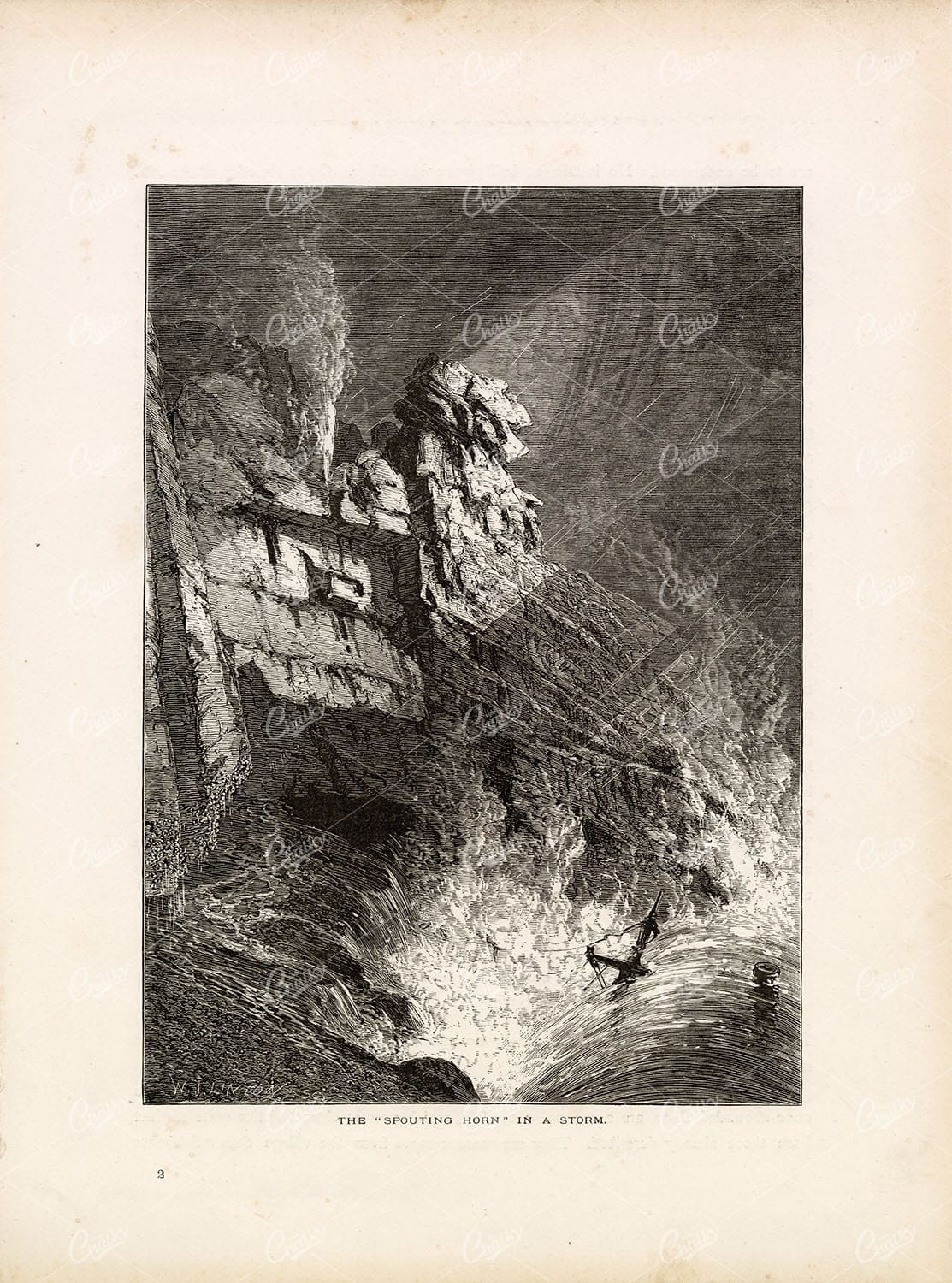 MAINE, USA North East - The "Spouting Horn" In a Storm - 1874 Old Print