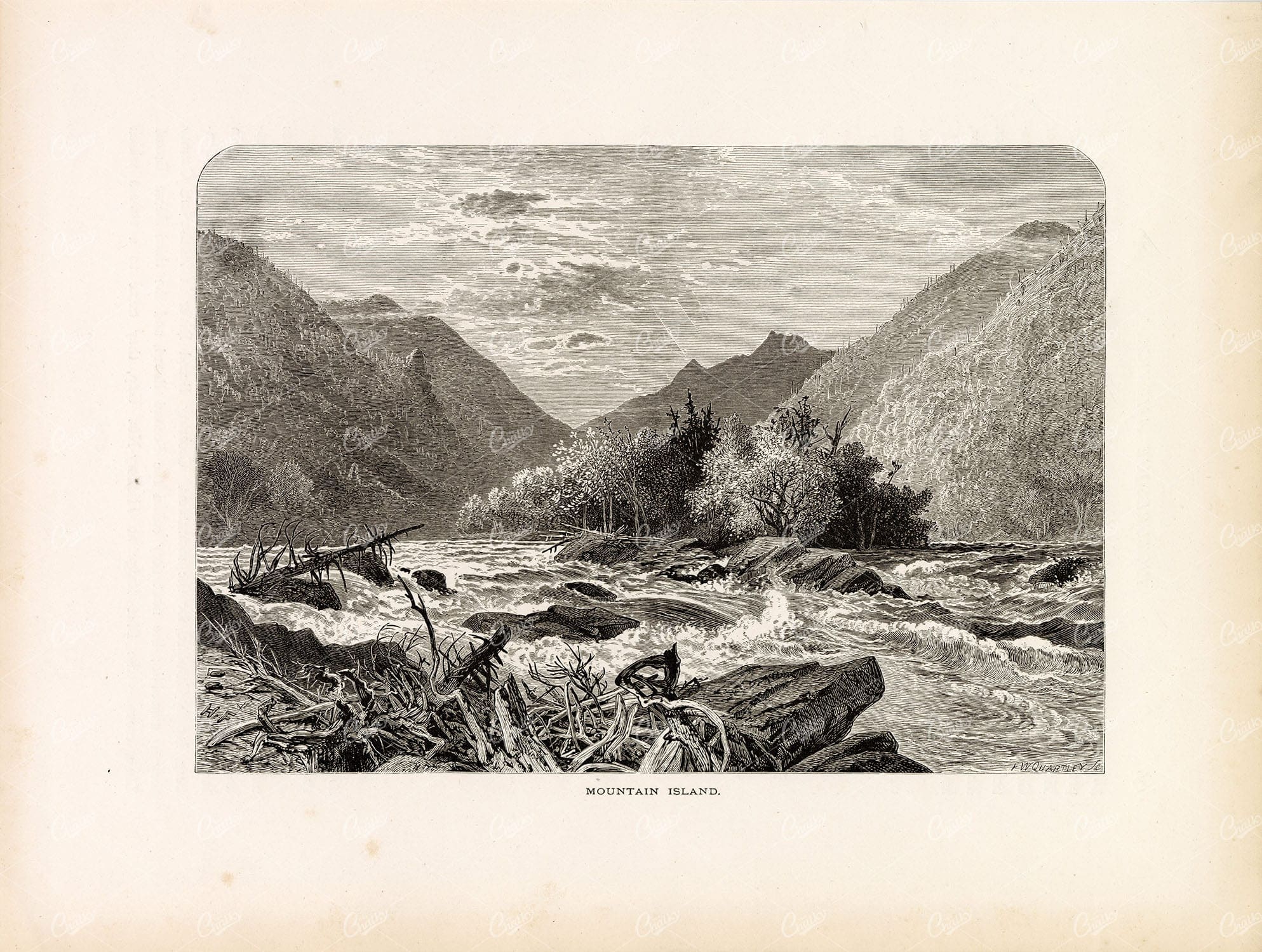 NORTH CAROLINA - Mountain Island Rapids - Antique 1874 Original Print