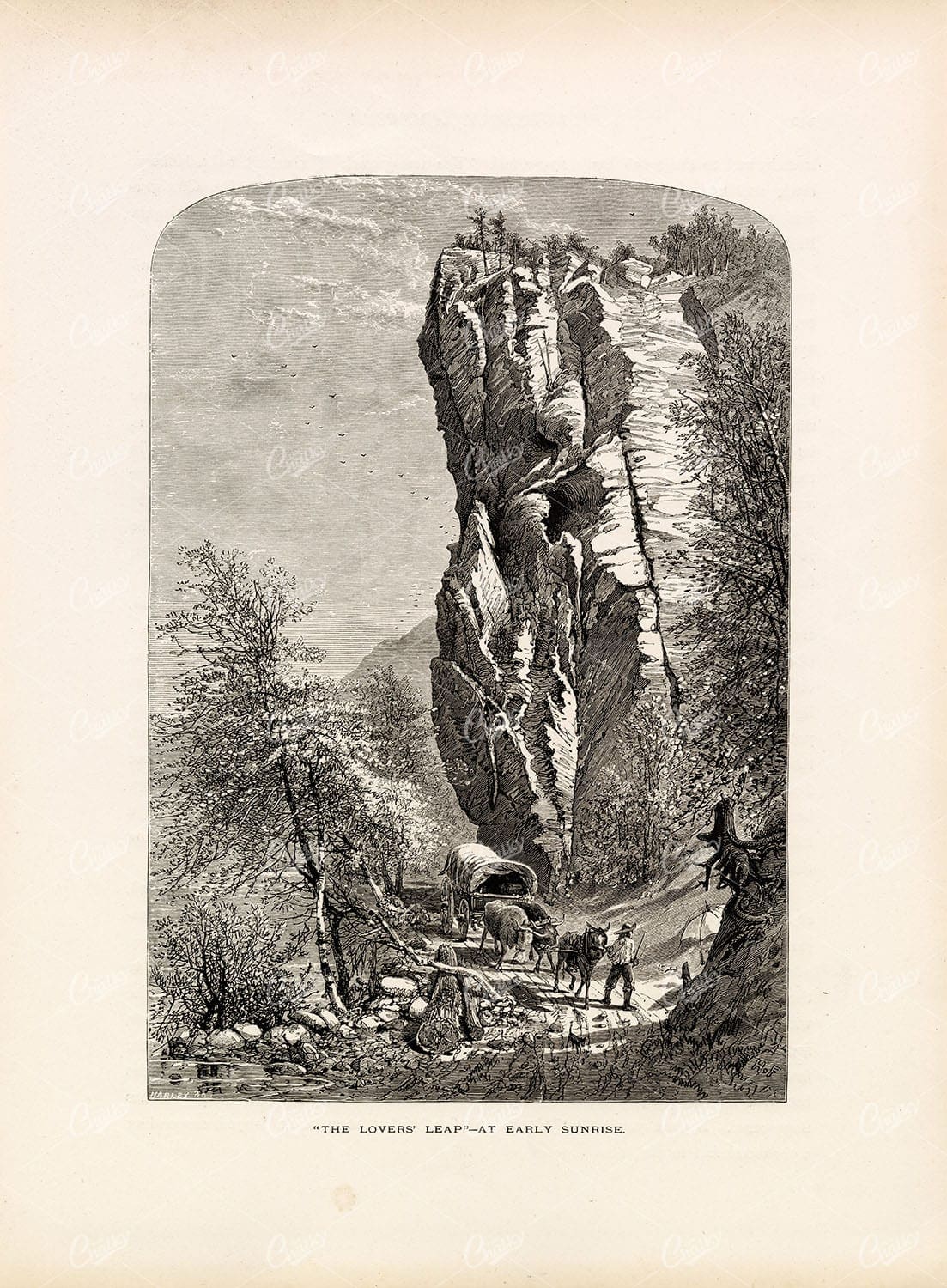 THE LOVERS LEAP - At Early Sunrise - Antique American 1874 Print