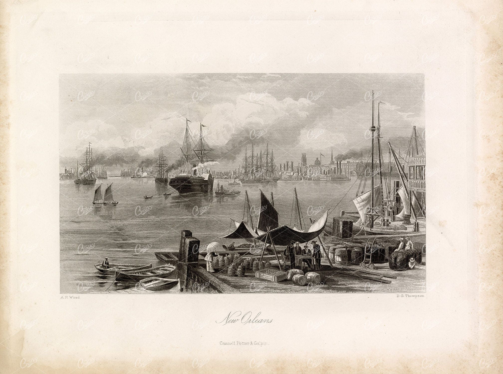 NEW ORLEANS - Coastal Landscape Print 1874 - Sail and Steam Boats