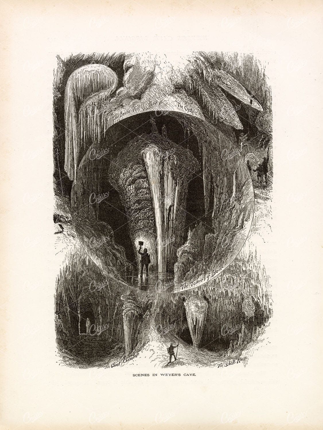 VIRGINIA - Scenes in Grand Caverns (Weyer's Cave) - Antique 1874 Print