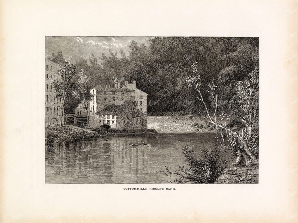 Cotton Mills On River Bank - Industrial Landscape With Waterfall And Trees