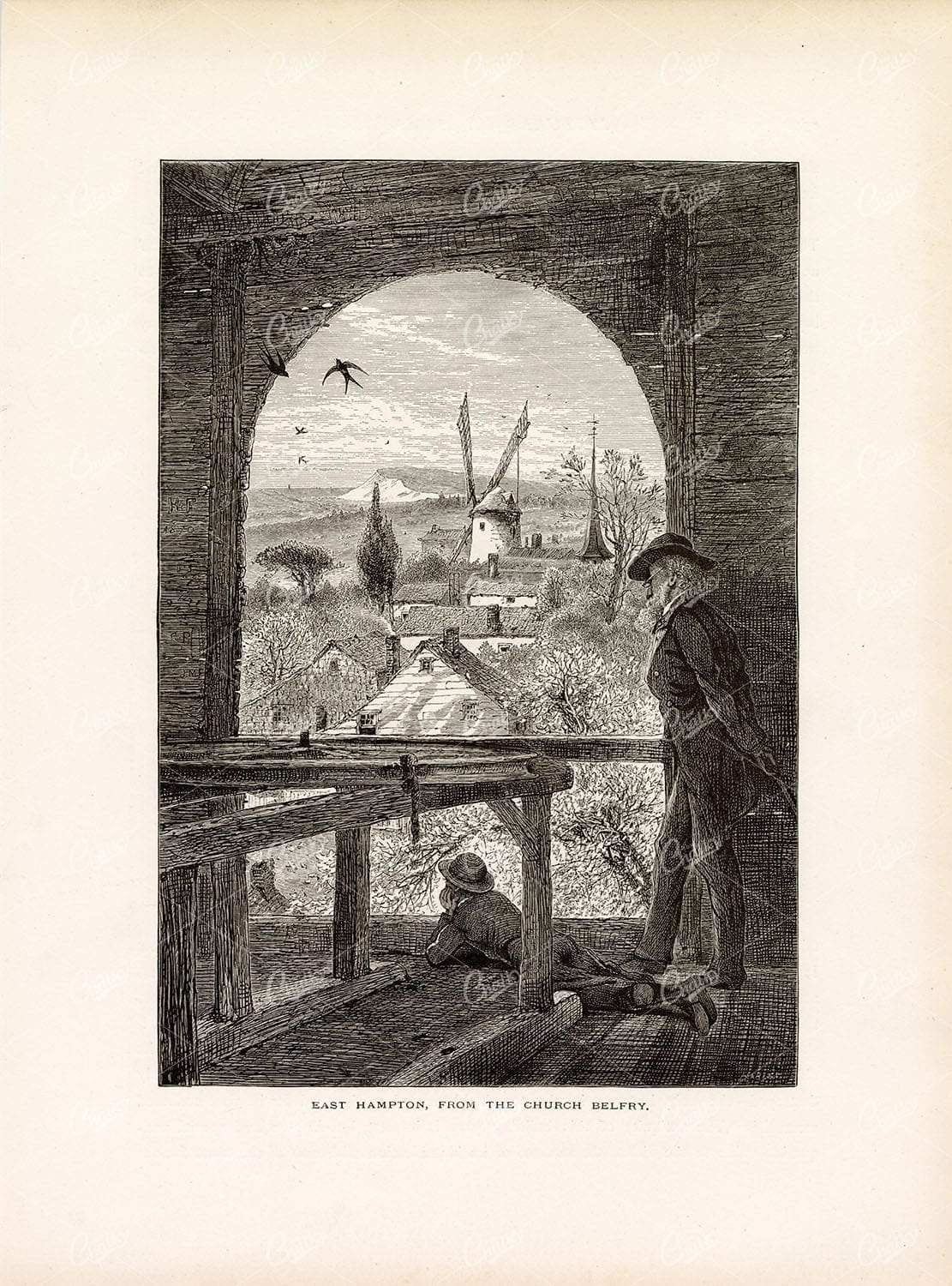 EAST HAMPTON from the Belfry Church - Swallows, Windmill - 1874 Print