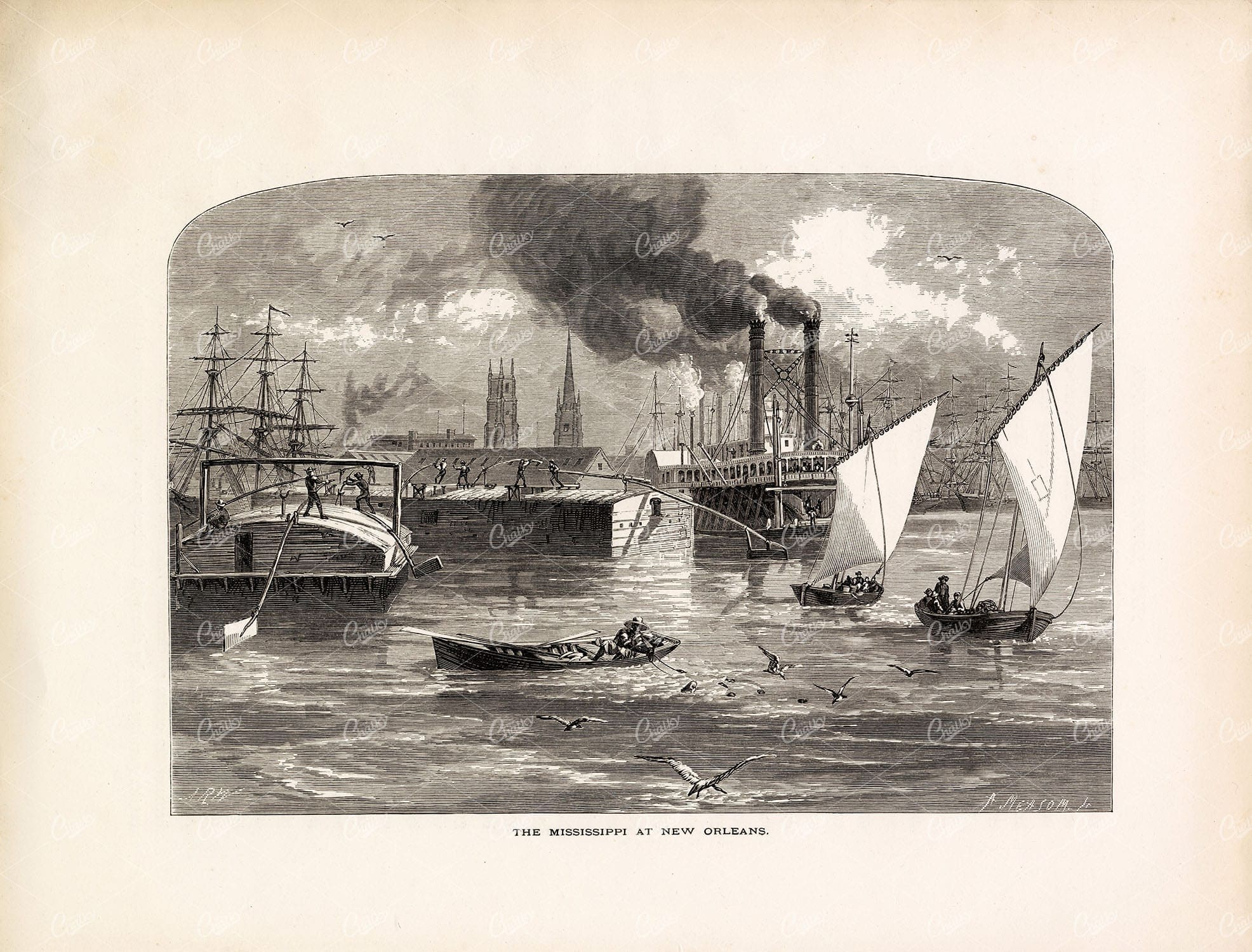 THE MISSISSIPPI at New Orleans - Original American Seascape Print 1874